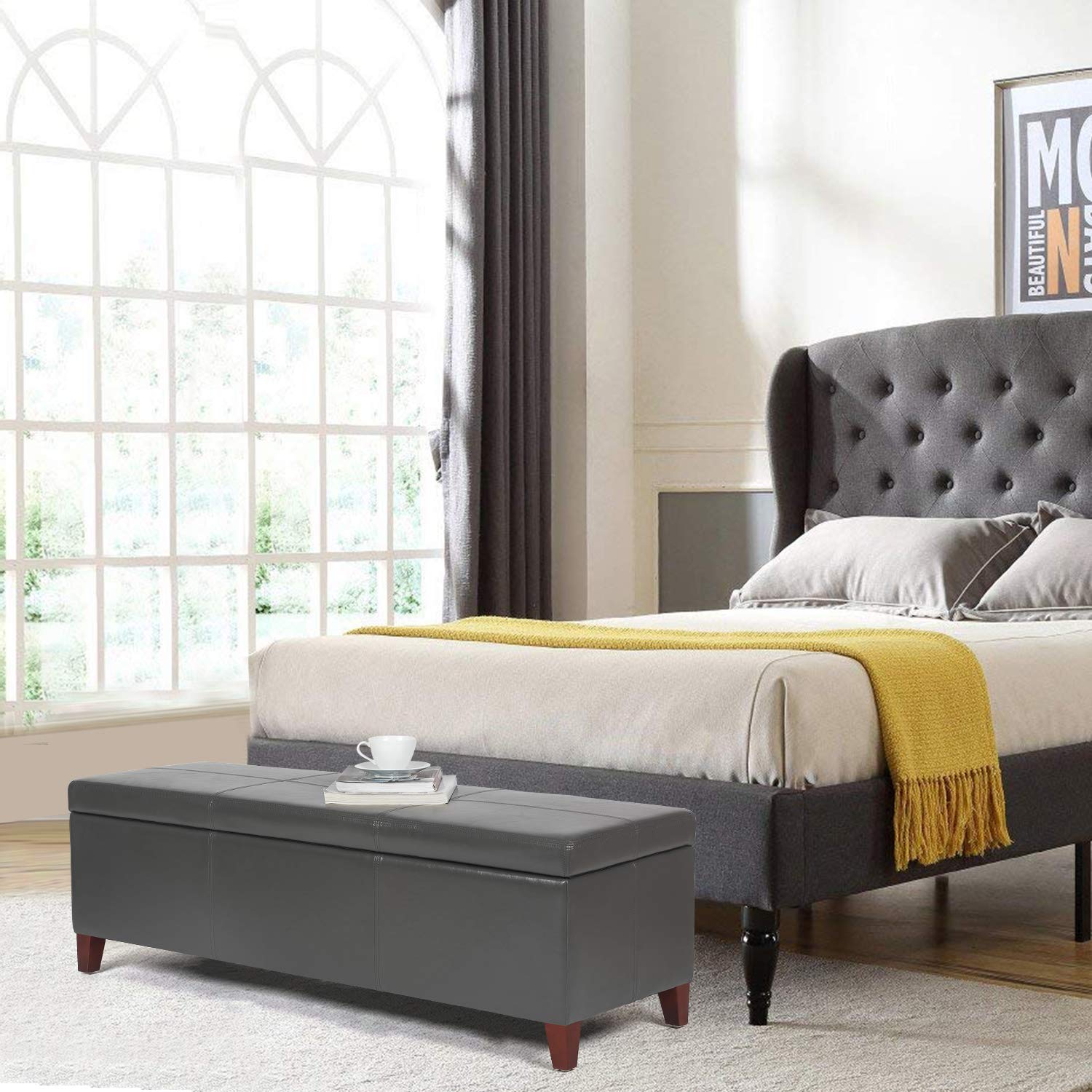 Homebeez Large Leather Storage Ottoman Bench - Gray Footrest Shoe Organizer with Hidden Compartment for Entryway, Living Room & Bedroom - Multi-Functional Furniture for Home Decor (OF0238-2)