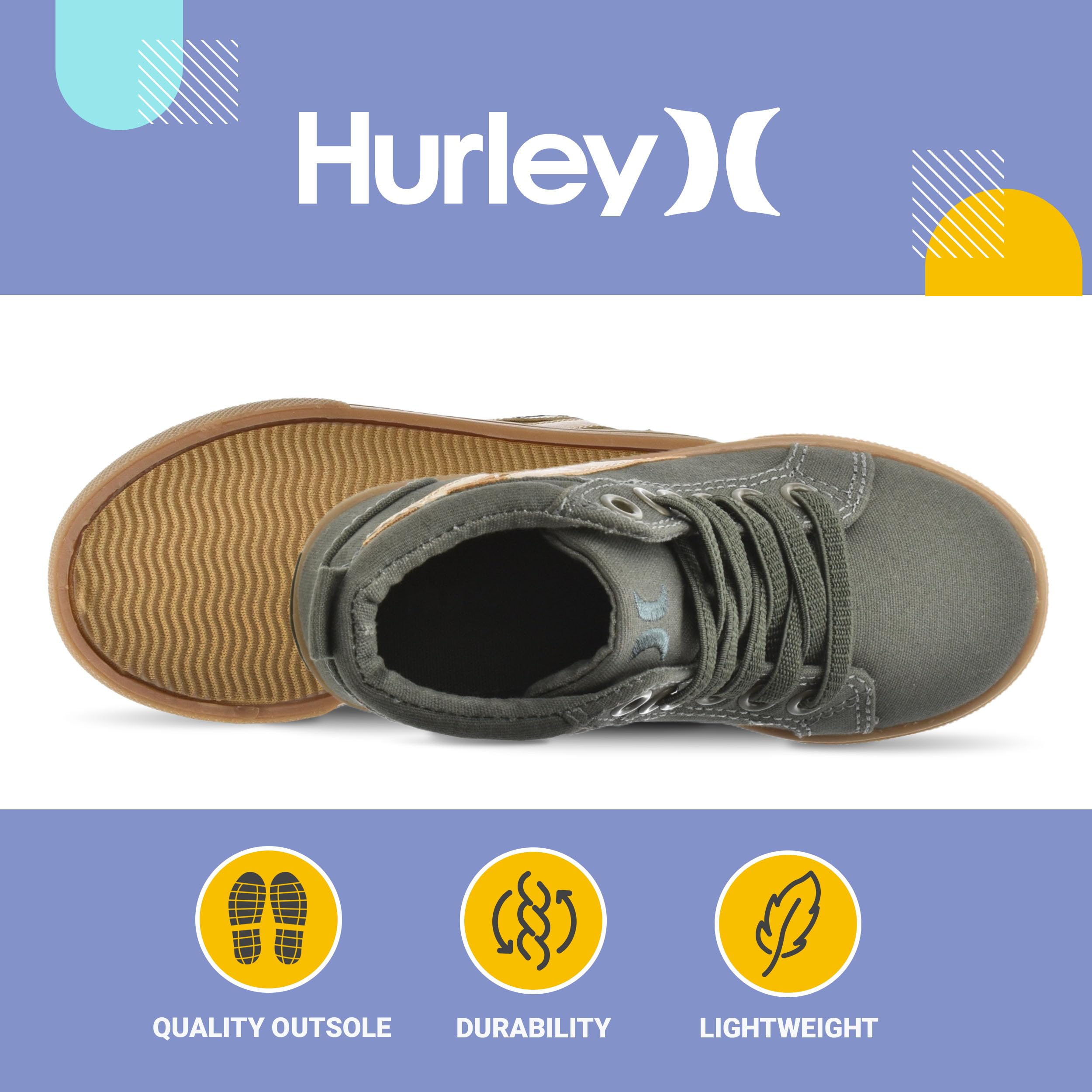 Hurley Kids Toddlers Elastic Laces Canvas Sneakers - High Top Skate Shoes for Boys & Girls, Comfortable Athletic Shoes for School & Play, Perfect for Toddler Sports & Daily Wear