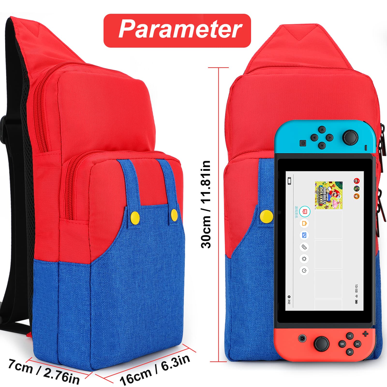 Nintendo Switch/Lite/OLED Travel Bag - Super Mario Portable Gaming Sling Backpack with Chest/Shoulder Strap, Game Card Case & 4 Thumb Grip Caps - Perfect for Travel, Commuting & Gaming On-The-Go