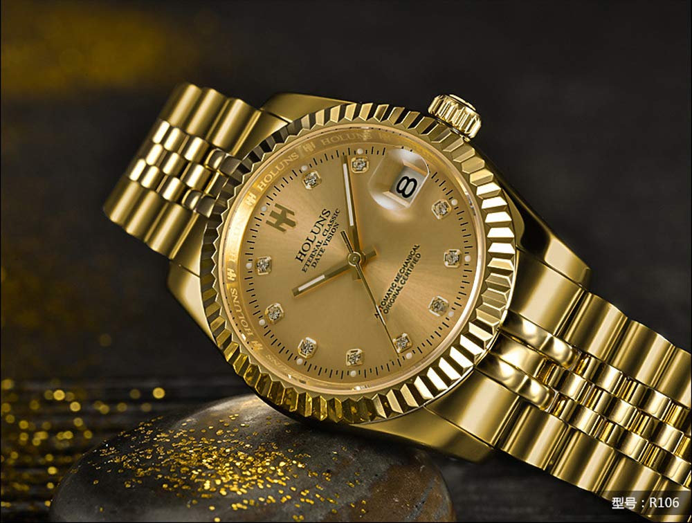 Luxury Men's Automatic Mechanical Gold Watch - Self-Winding, Sapphire Crystal, Waterproof Dress Watch for Business & Formal Occasions