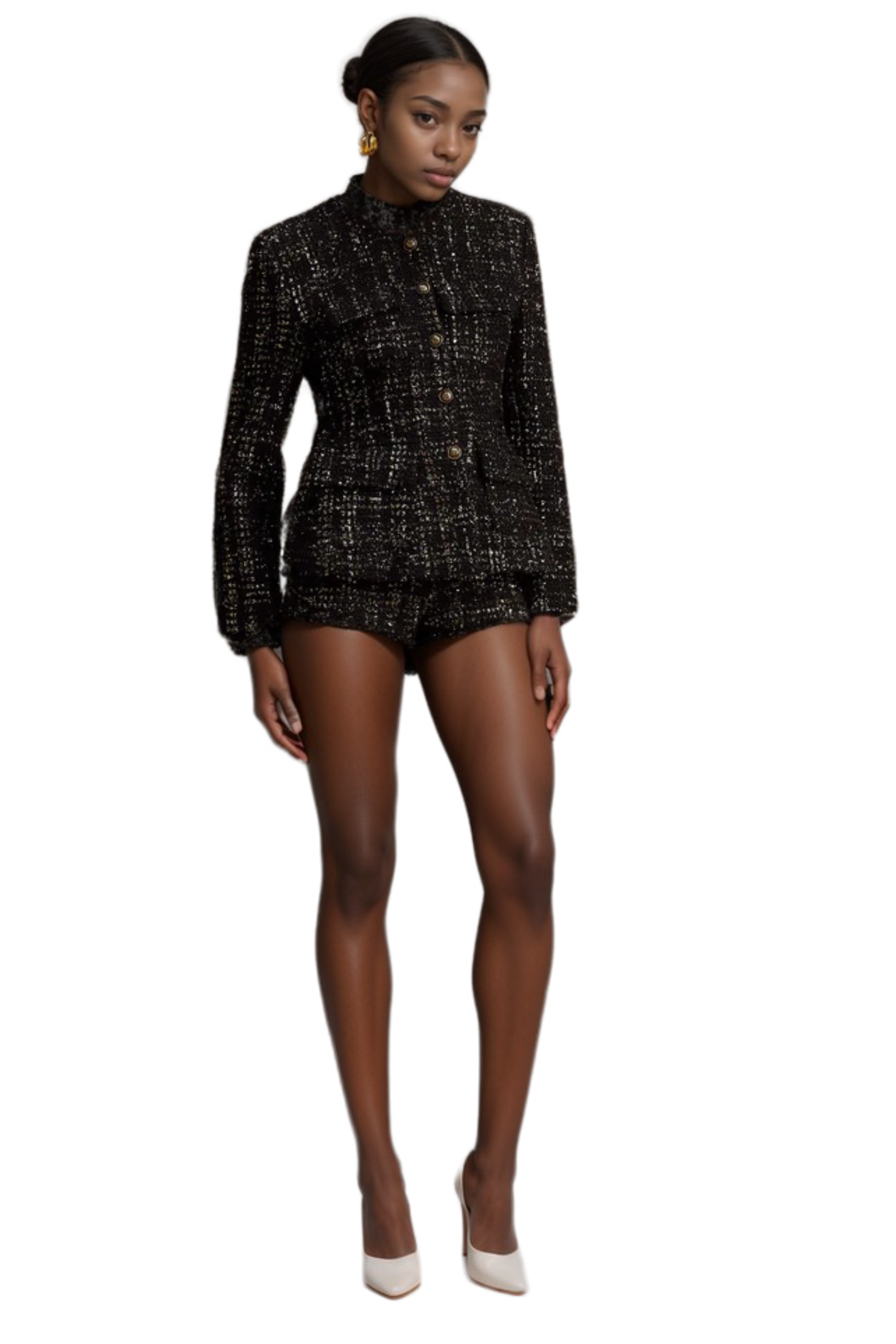 Claudine Black Metallic Tweed Jacket & Shorts Matching Set - Women's Elegant Two-Piece Outfit for Party, Dinner & Special Occasions