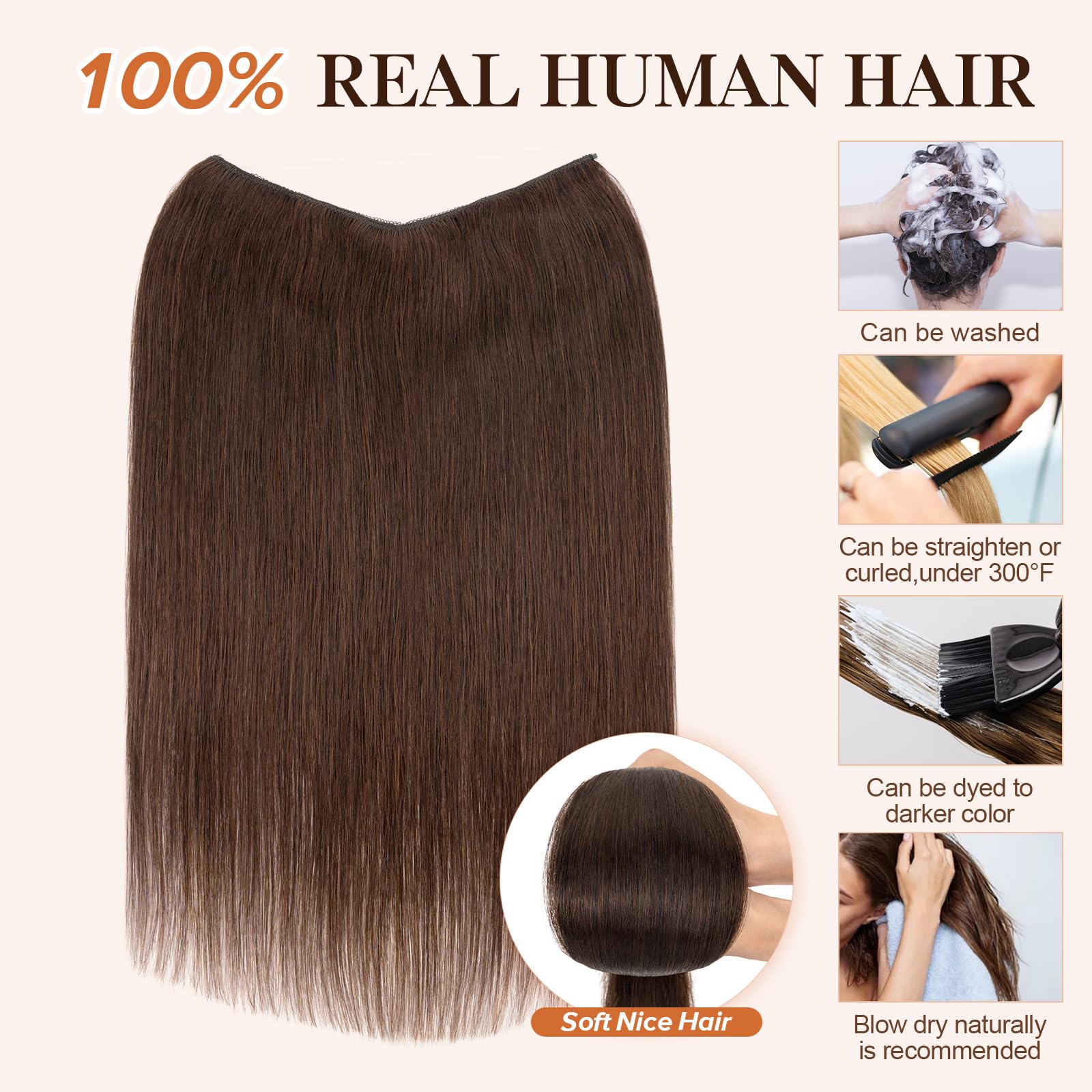 Halo Hair Extensions 22 Inch 75g - 100% Real Human Hair for Women, Dark Brown #02, No-Slip & No-Tangle Design | Perfect for Weddings, Parties & Everyday Styling