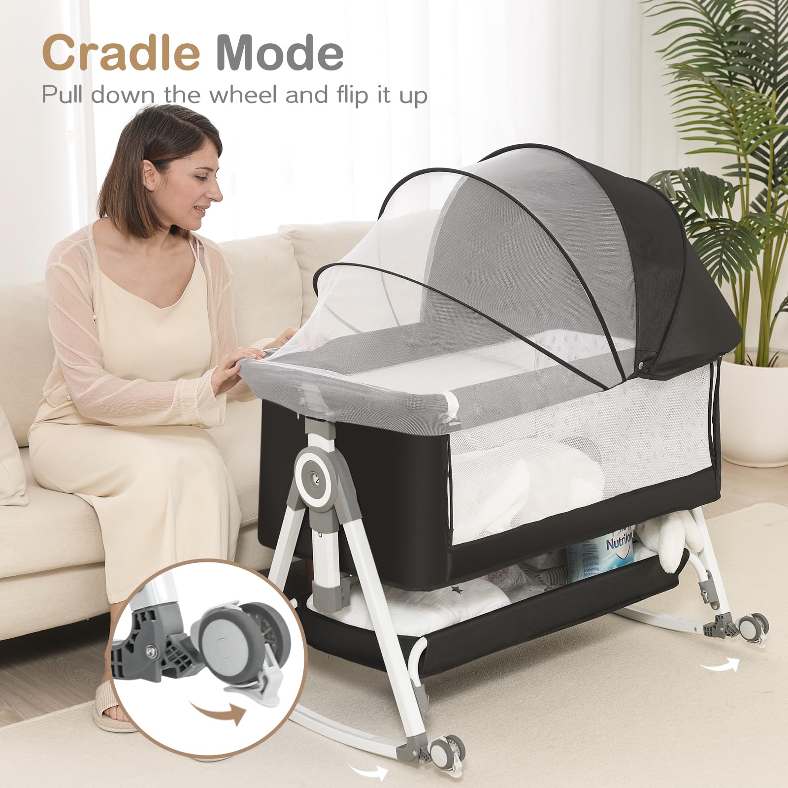 4-in-1 Baby Bassinet & Bedside Sleeper for Newborns - Adjustable Height Crib with 360° Wheels, Storage Basket & Mosquito Net | Portable Infant Bed for Nursery, Travel & Co-Sleeping | Breathable Mesh Design for Safe Baby Sleep