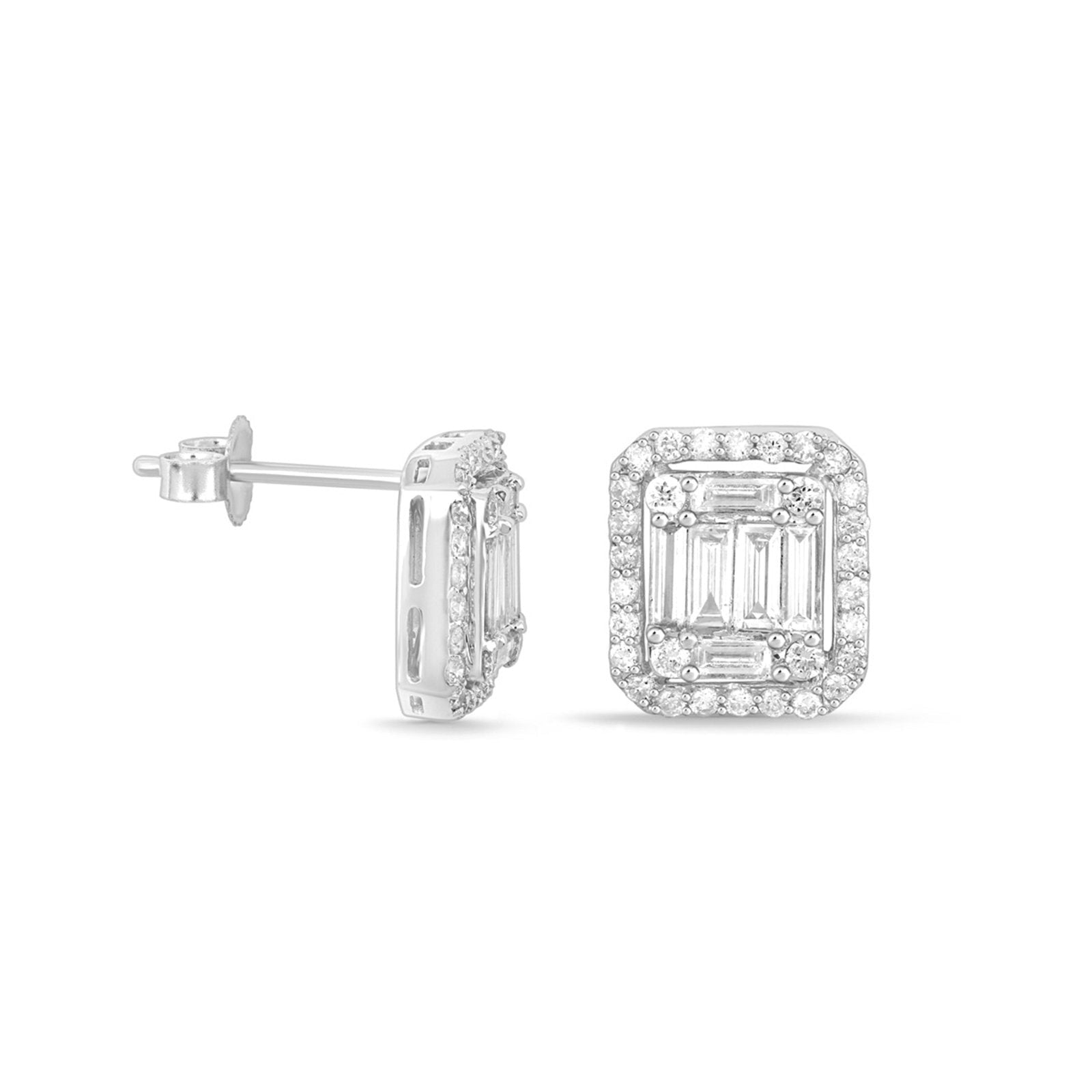 18K White Gold Jumbo Baguette Diamond Halo Stud Earrings - Luxury Wedding, Anniversary & Evening Party Jewelry Gift for Women