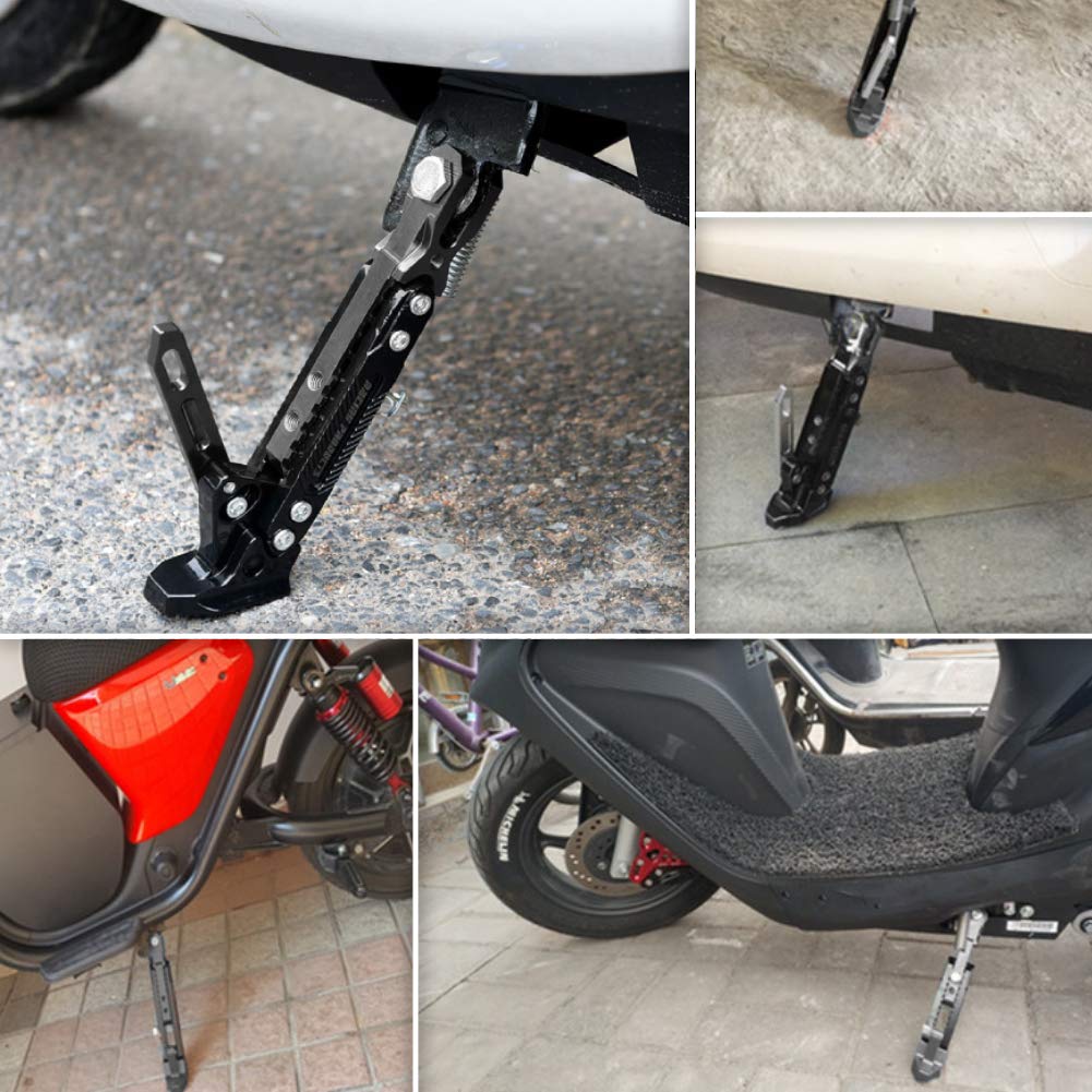 Universal Adjustable Motorcycle Kickstand - CNC Aluminum Scooter Side Stand Tripod Holder - Black - Perfect for Cruisers, Dirt Bikes & Street Motorcycles