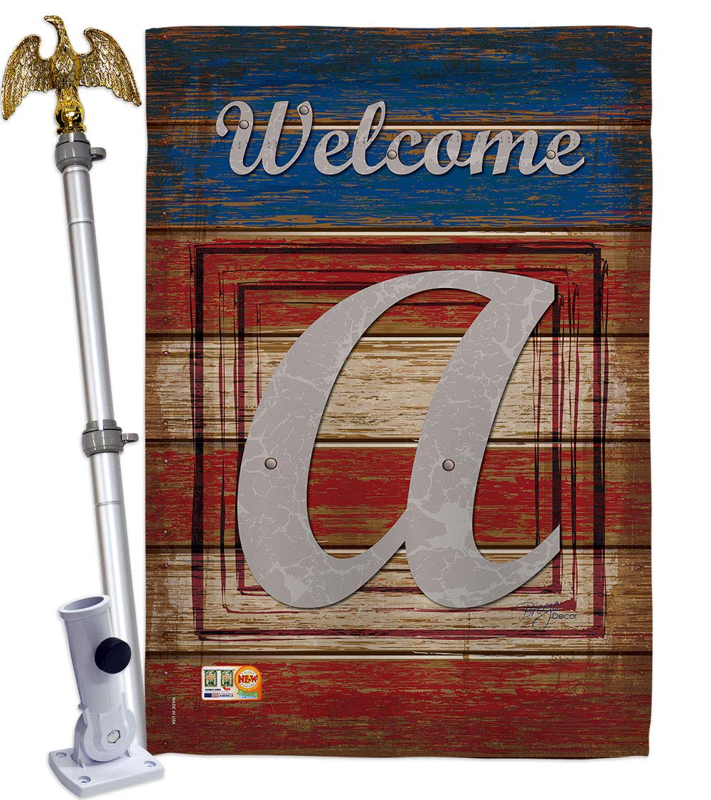 Patriotic Americana Initial House Flag Set - 28x40in w/Flagpole for Outdoor Decor
