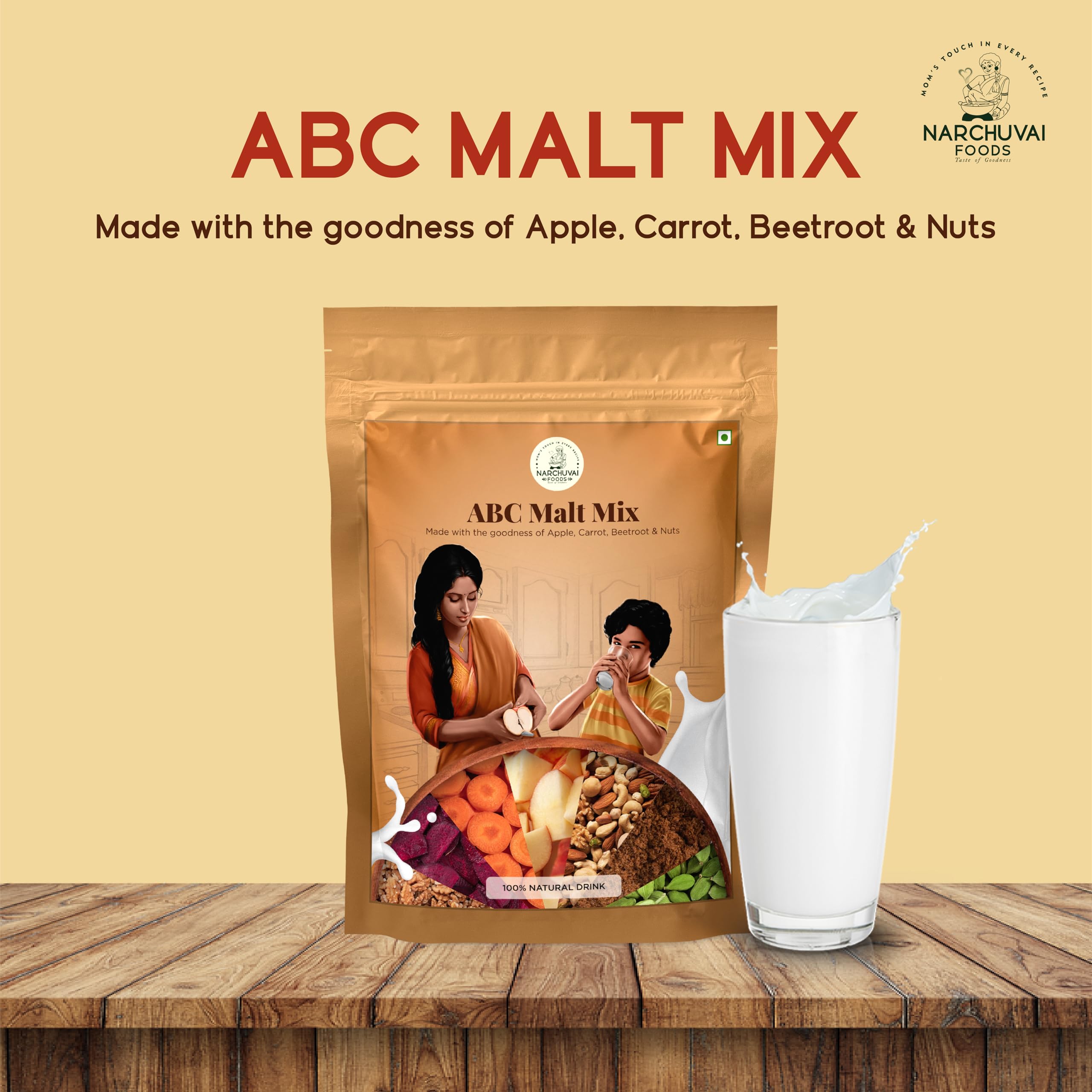 Narchuvai Foods ABC Malt Mix - Instant Apple, Beetroot, Carrot Milk Powder | Sugar-Free Health Drink for Kids, Women & Adults | Rich in Nutrients & Energy | Perfect for Breakfast, Post-Workout & Travel | 250g