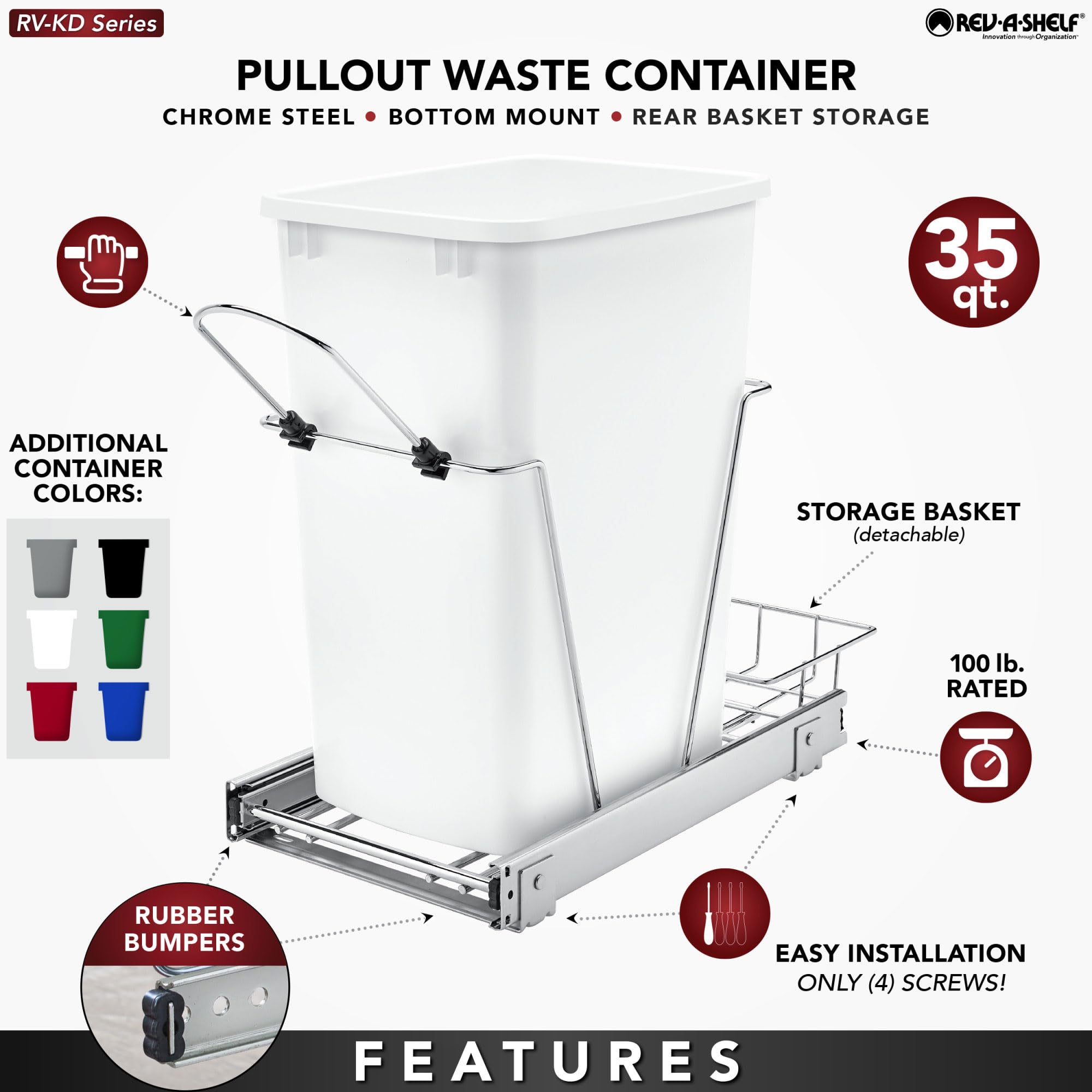 Rev-A-Shelf 35 Qt Pull-Out Trash Can for Kitchen Cabinets - Full Extension Slides, Waste & Recycling Bin, Orion Gray (RV-12KD-13C-S) - Perfect for Under-Sink Organization & Eco-Friendly Homes