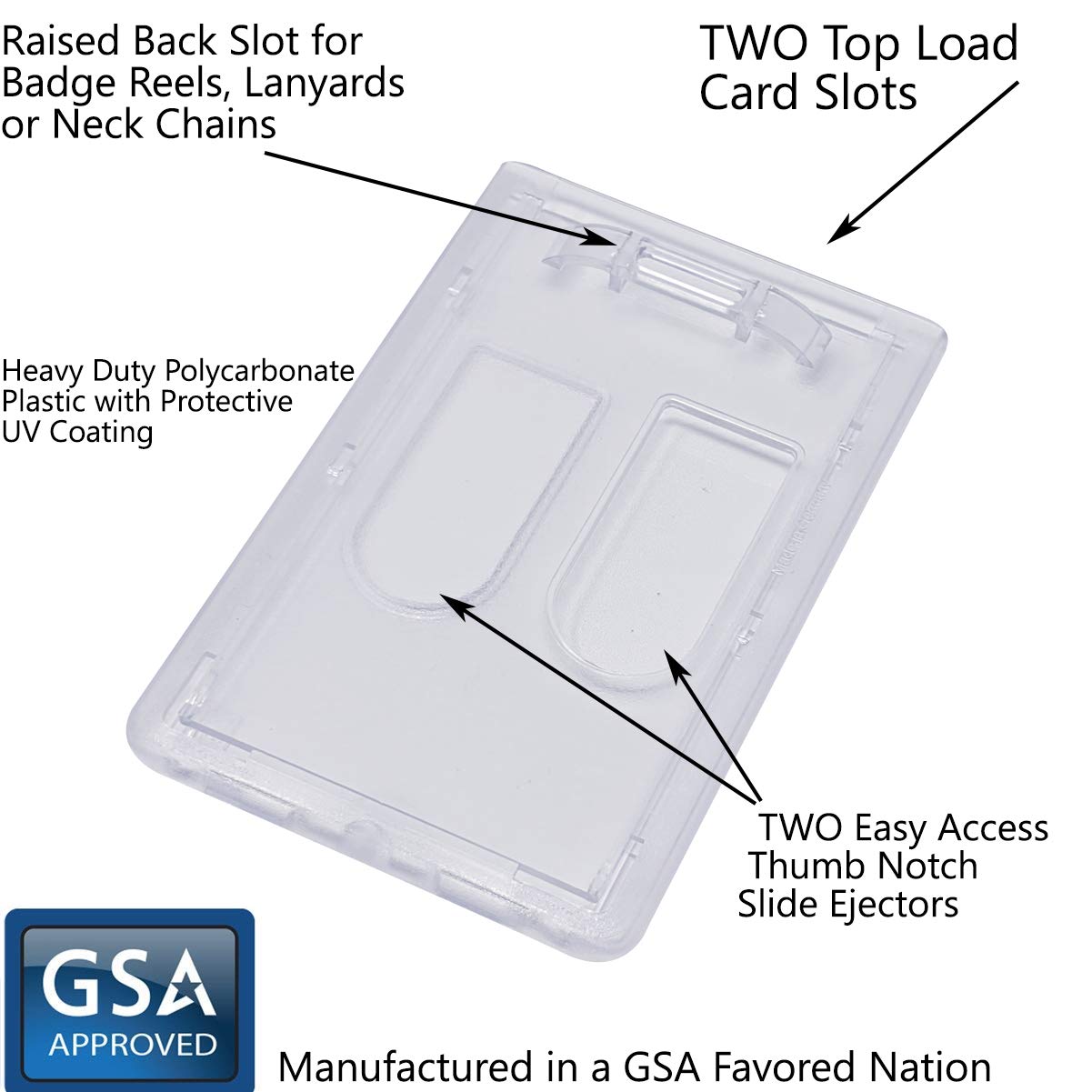 50 Pack Heavy Duty Dual Sided Vertical Badge Holders - Polycarbonate Clear Plastic Card Protector Case with Top Load Sleeve - Holds 2 ID Cards Securely - Ideal for Offices, Schools, Hospitals, Conventions & Corporate Events