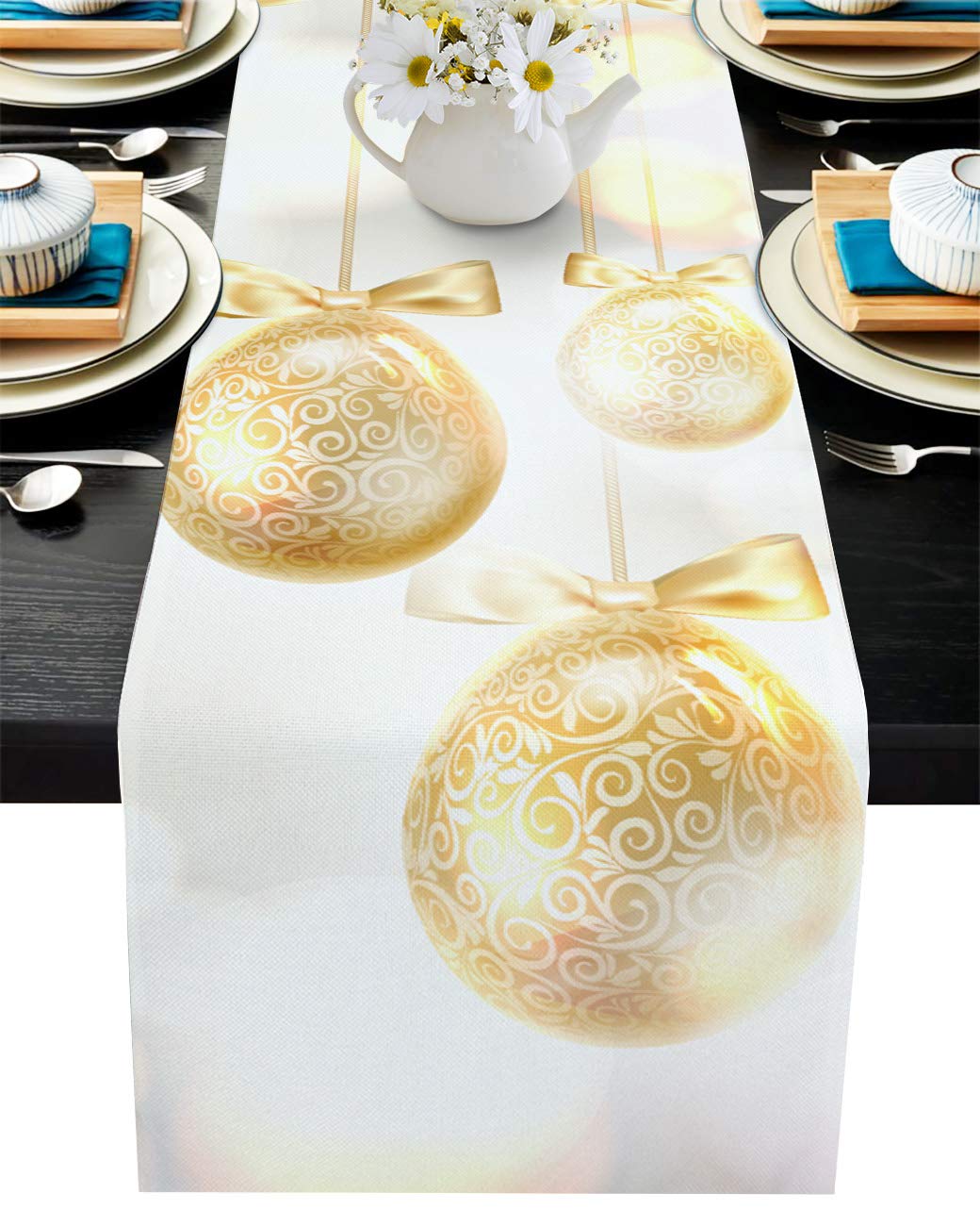 Lansemy Happy Easter Burlap Table Runner 13x90 Inch - Linen Dining Table Scarf for Wedding Party Decor, Coffee Table Cover with Golden Egg Gorgeous Dots Design - Perfect for Easter Celebrations, Spring Home Decor & Farmhouse Style Dining Room