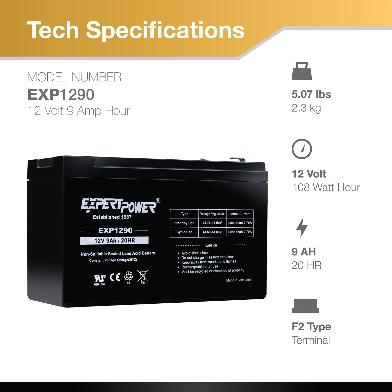 ExpertPower 12V 9AH Rechargeable SLA Battery - 2 Pack for APC UPS BX1300LCD & Back-UPS NS 1250 - Reliable Computer Backup Power Supply for Home Office, Emergency Power Outages & Electronics Protection