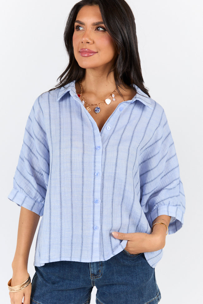 Blue Oversized Striped Gauze Button Down Shirt for Women - Lightweight & Breathable Summer Top - Perfect for Beach, Vacation, and Casual Outings