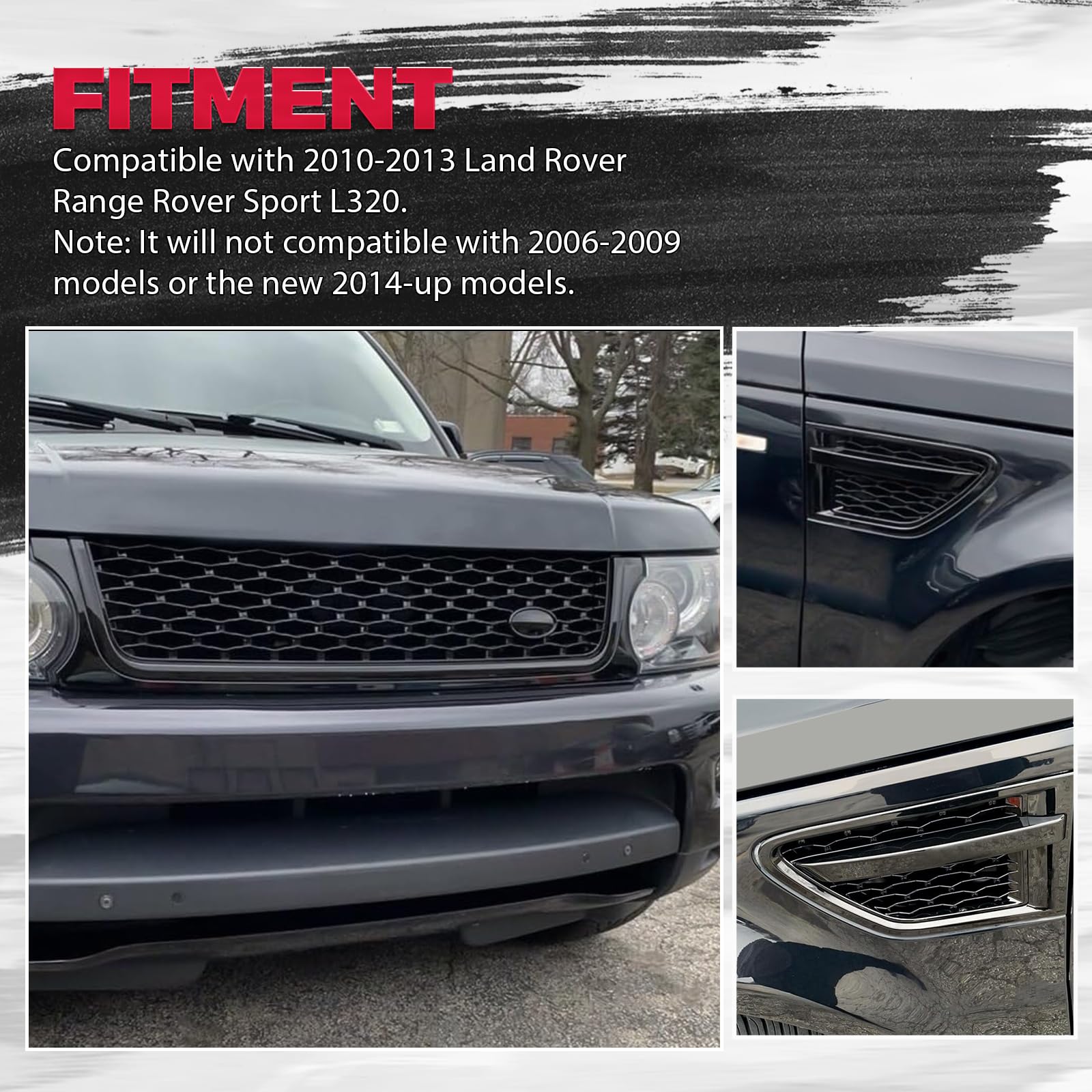 HECASA Black Front Grill & Air Side Vents for 2010-2013 Land Rover Range Rover Sport L320 - Bumper Grille Assembly Replacement - Perfect for Off-Roading & Custom Car Upgrades