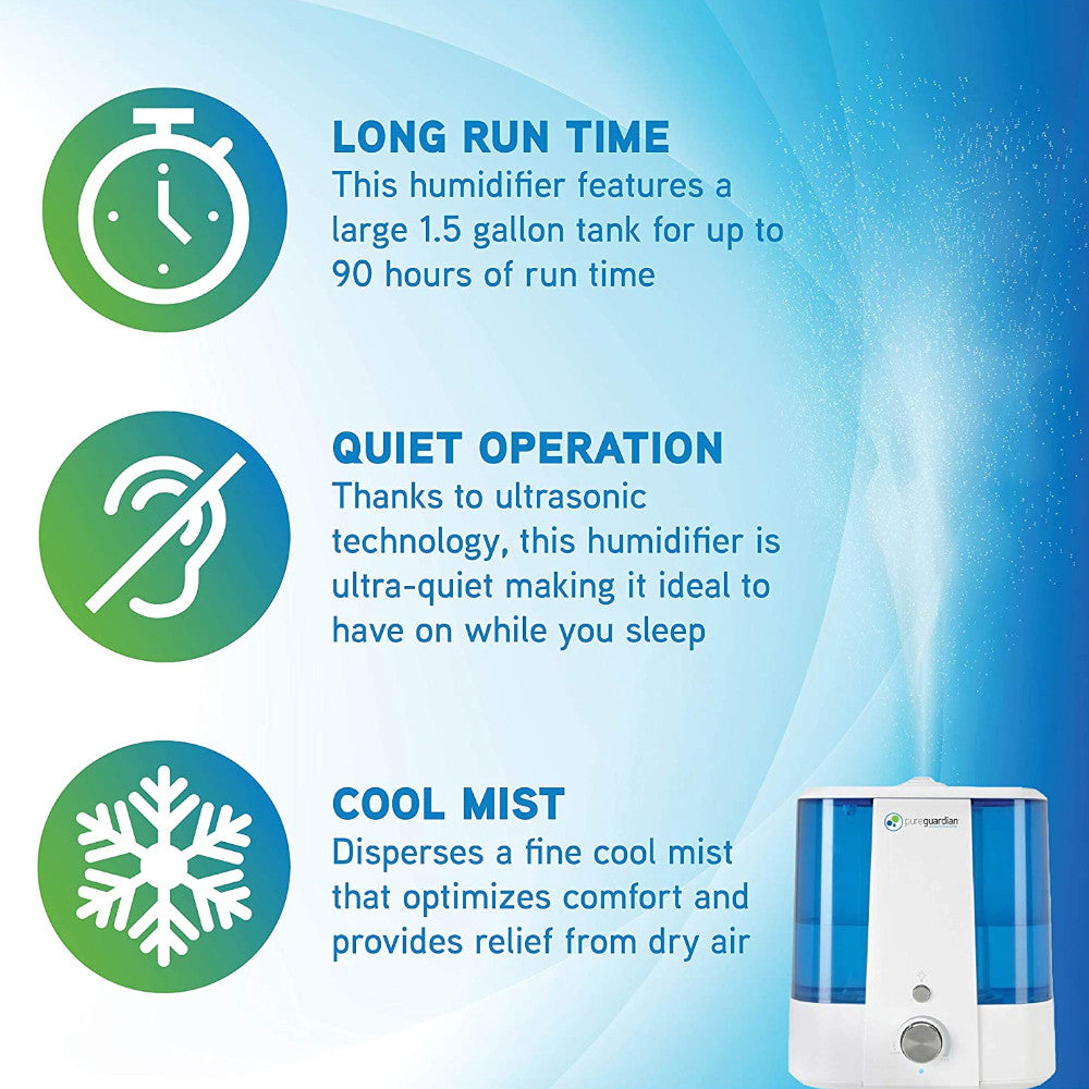 PURE GUARDIAN H1175FL Ultrasonic Cool Mist Humidifier - Certified Refurbished with Home Essentials Warranty | Perfect for Bedroom, Nursery & Office Air Moisturizing