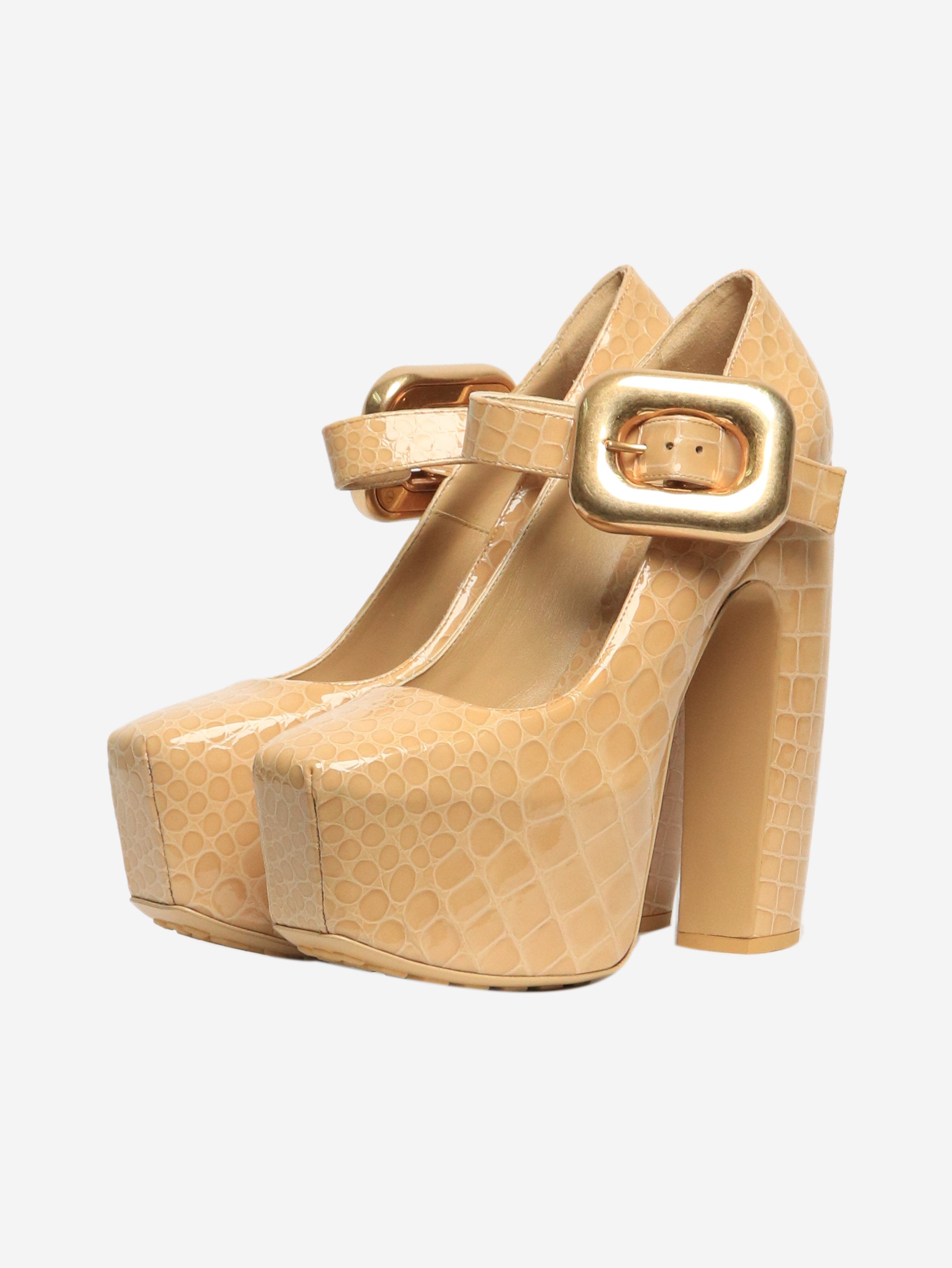 Bottega Veneta Beige Patent Leather Snake Effect Platform Heels Women's Shoes Size EU 39 (UK 6) - Perfect for Evening Parties, Weddings & Special Occasions