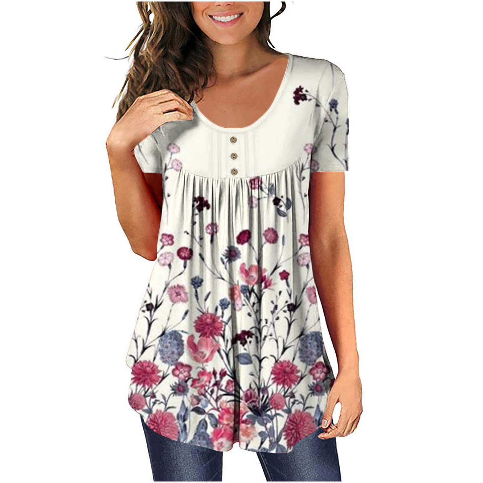 Women's Short Sleeve Gradient Blouse - Loose Fit Henley Tunic Top for Summer | Casual Wear with Leggings, Beach Cover-Up & Everyday Outfits