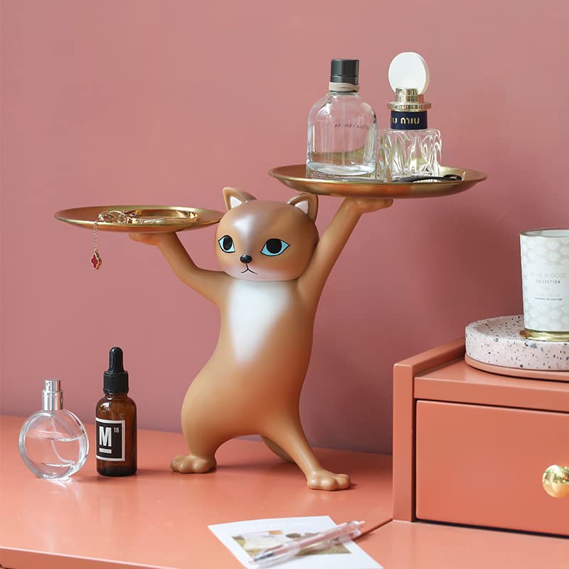 Cute Cat Resin Desktop Decoration - Home & Office Decor, Key Storage Tray, Living Room & Entrance Furnishing Statue (Coffee Color) - Perfect for Home, Office, Gift Giving & Shelf Display