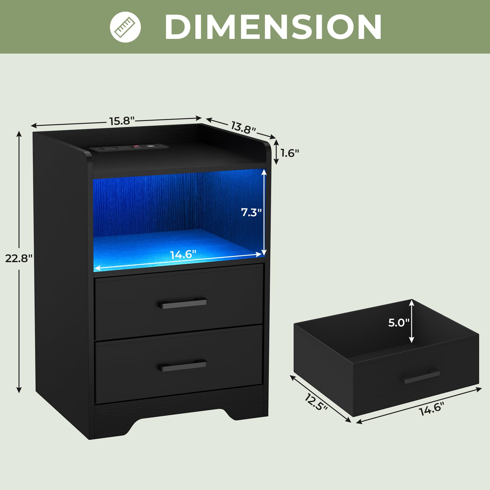 Hasuit Modern Night Stand Set of 2 with LED Lights & USB Charging Station, Black Bedside End Tables with 2 Fabric Storage Drawers for Bedroom - Perfect for Small Spaces, Apartment Living & Guest Room Decor