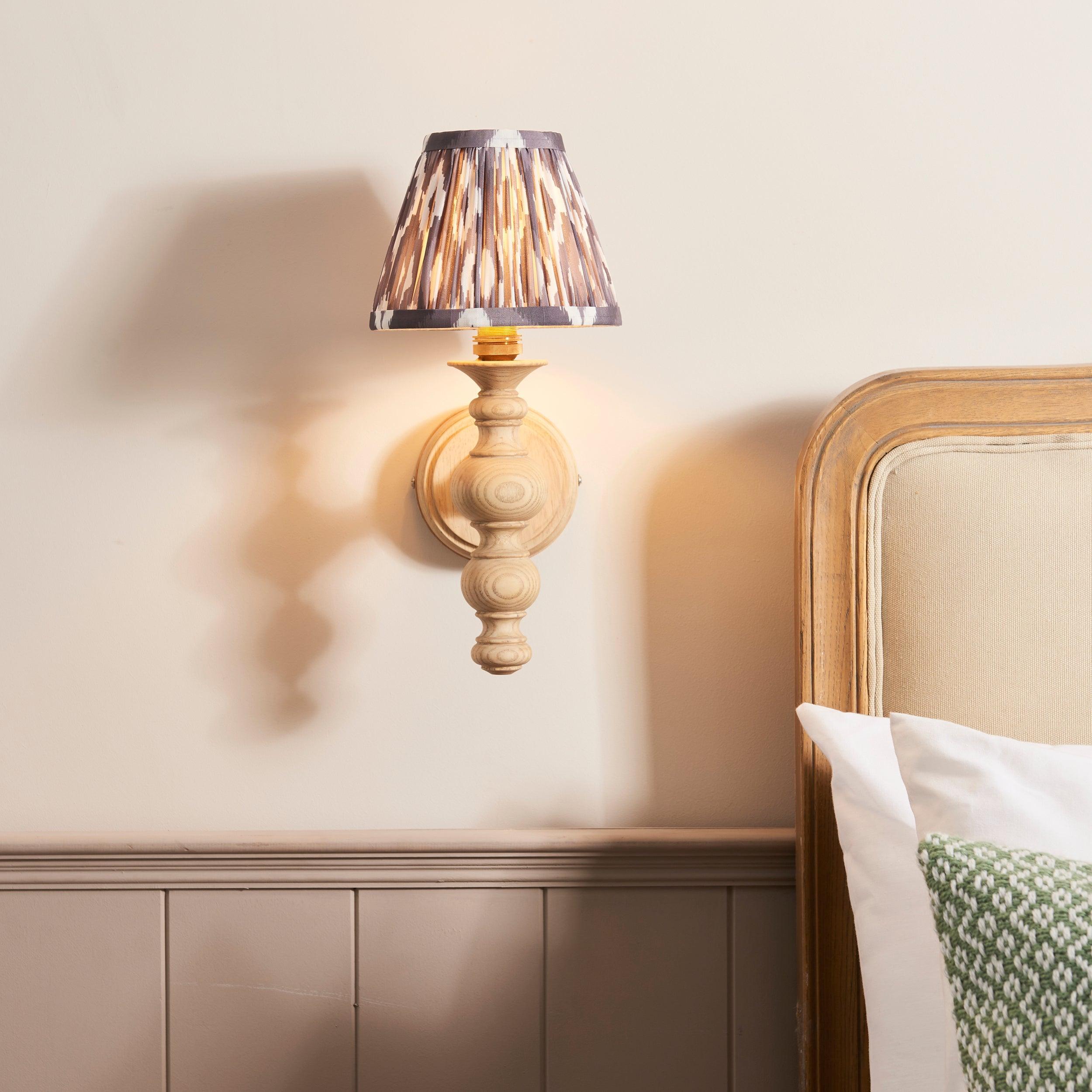 Bibury Wooden Wall Light with Ikat 16cm Pearl Grey Shade - Elegant Home Decor for Living Room, Bedroom & Hallway Lighting