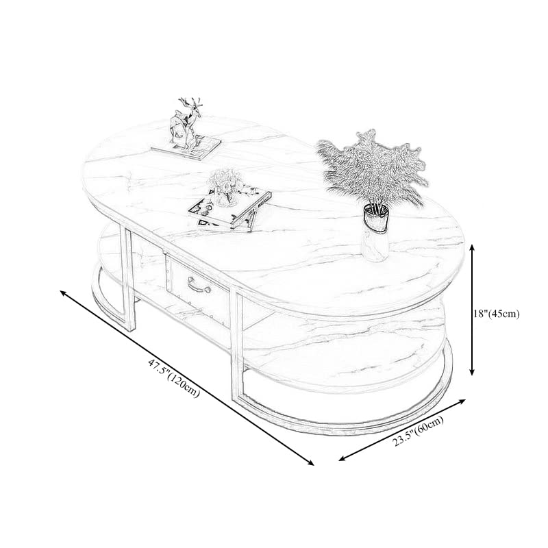 Modern Oval Faux Marble Coffee Table with Gold Metal Frame - Living Room Center Table with Storage Shelf - Cocktail Table for Small Spaces - 18