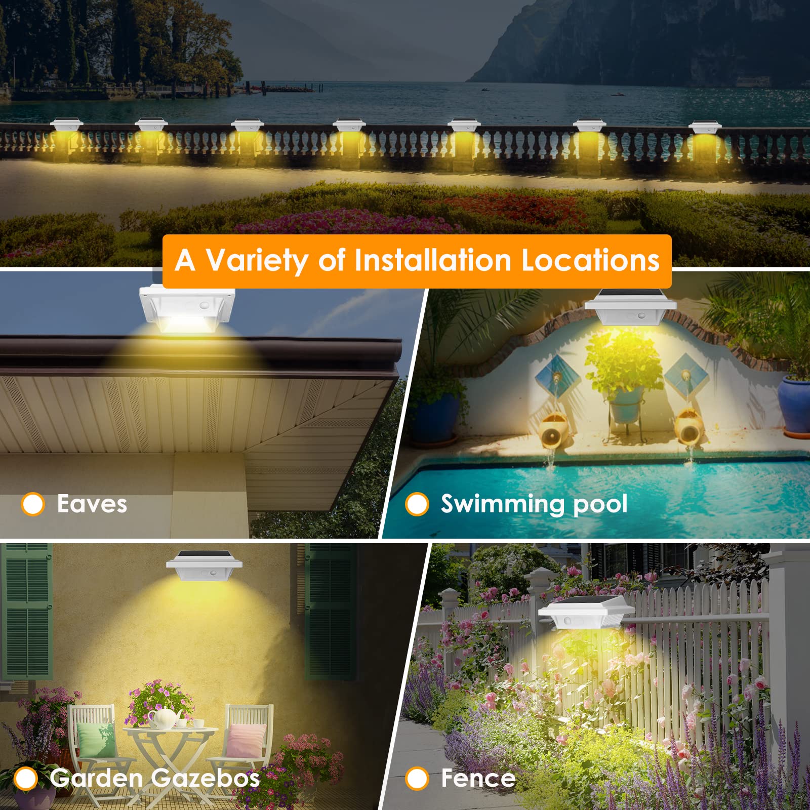 UniqueFire Solar Gutter Lights Outdoor - 40 LED Bright Solar Powered Waterproof Fence & Deck Lights for Wall, Stairs, Yard (White/Warm White, 4 Pack) - Perfect for Pathway, Garden, Patio & Landscape Lighting