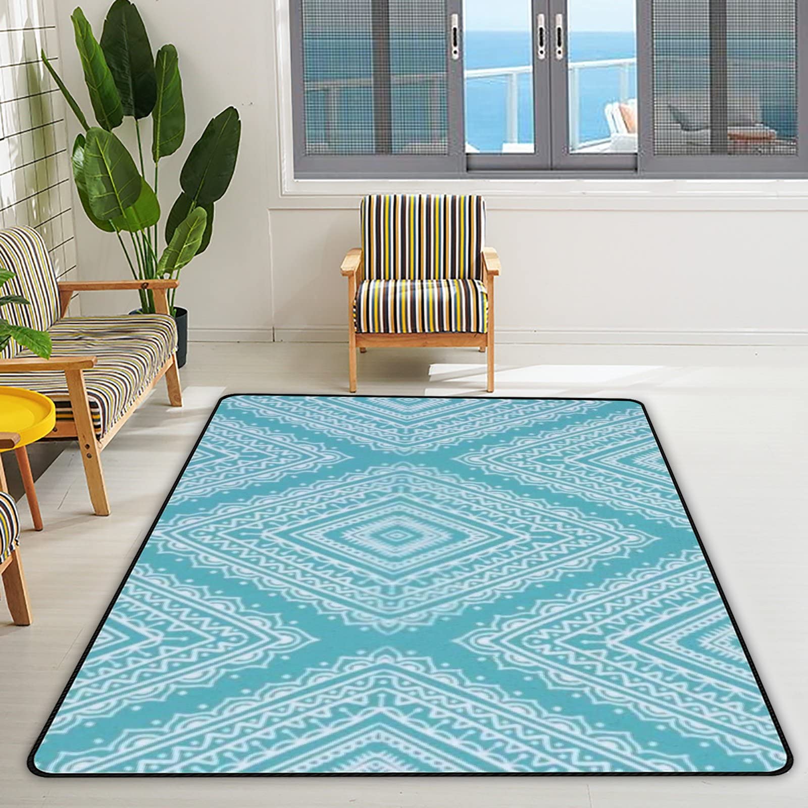 Soft Non-Slip Area Rugs 60x39in - Ethnic Tribal Rhombus Pattern Large Floor Mat for Bedroom, Living Room, Nursery, Dorm & Office Decor | Indoor Standing Runner Carpet for Kids & Home Comfort