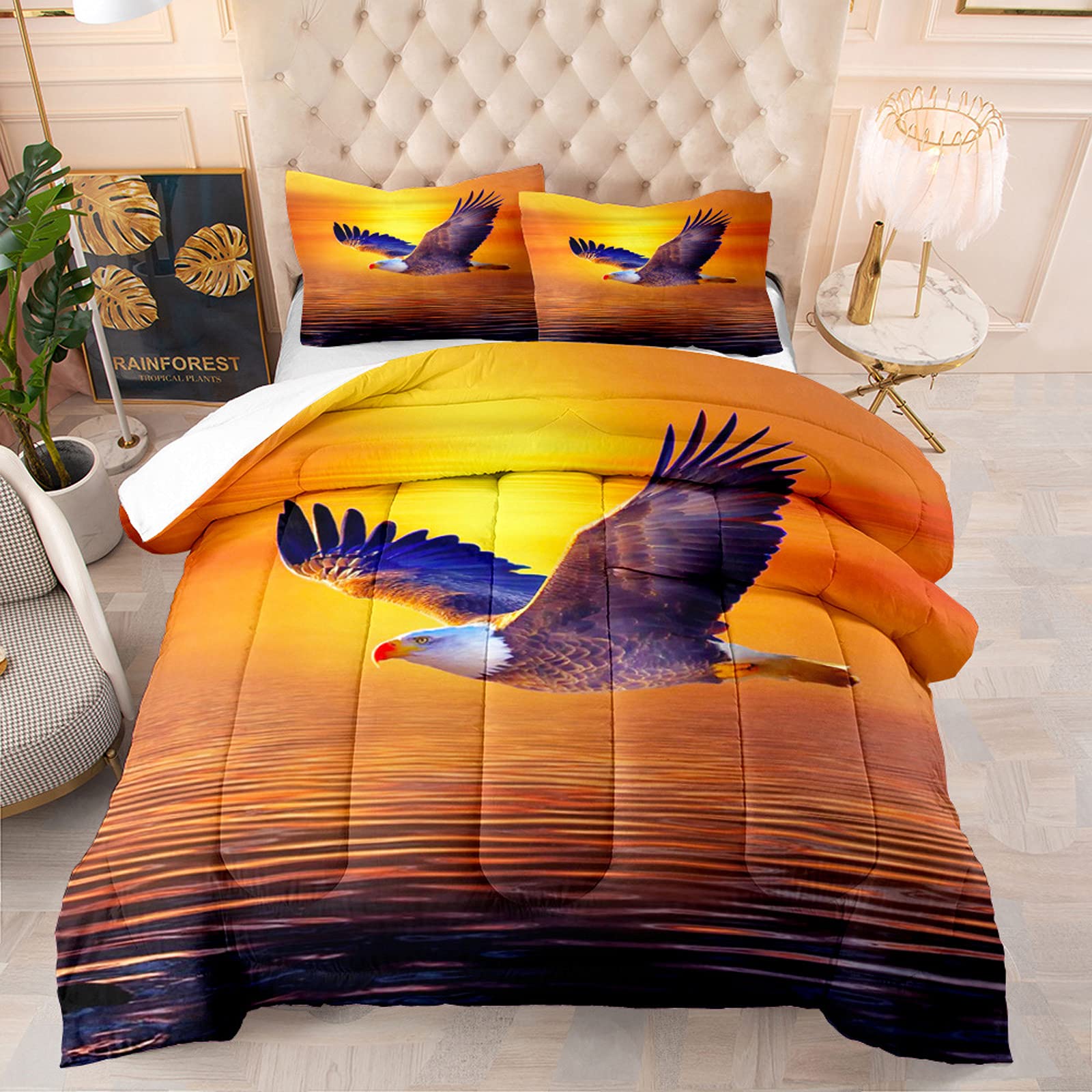 Eagle King 3-Piece Bed Comforter Set - Orange Sunset Ocean Design | 1 Comforter + 2 Pillow Shams | Soft & Cozy Bedding for Master Bedroom, Guest Room & Dorm Decor