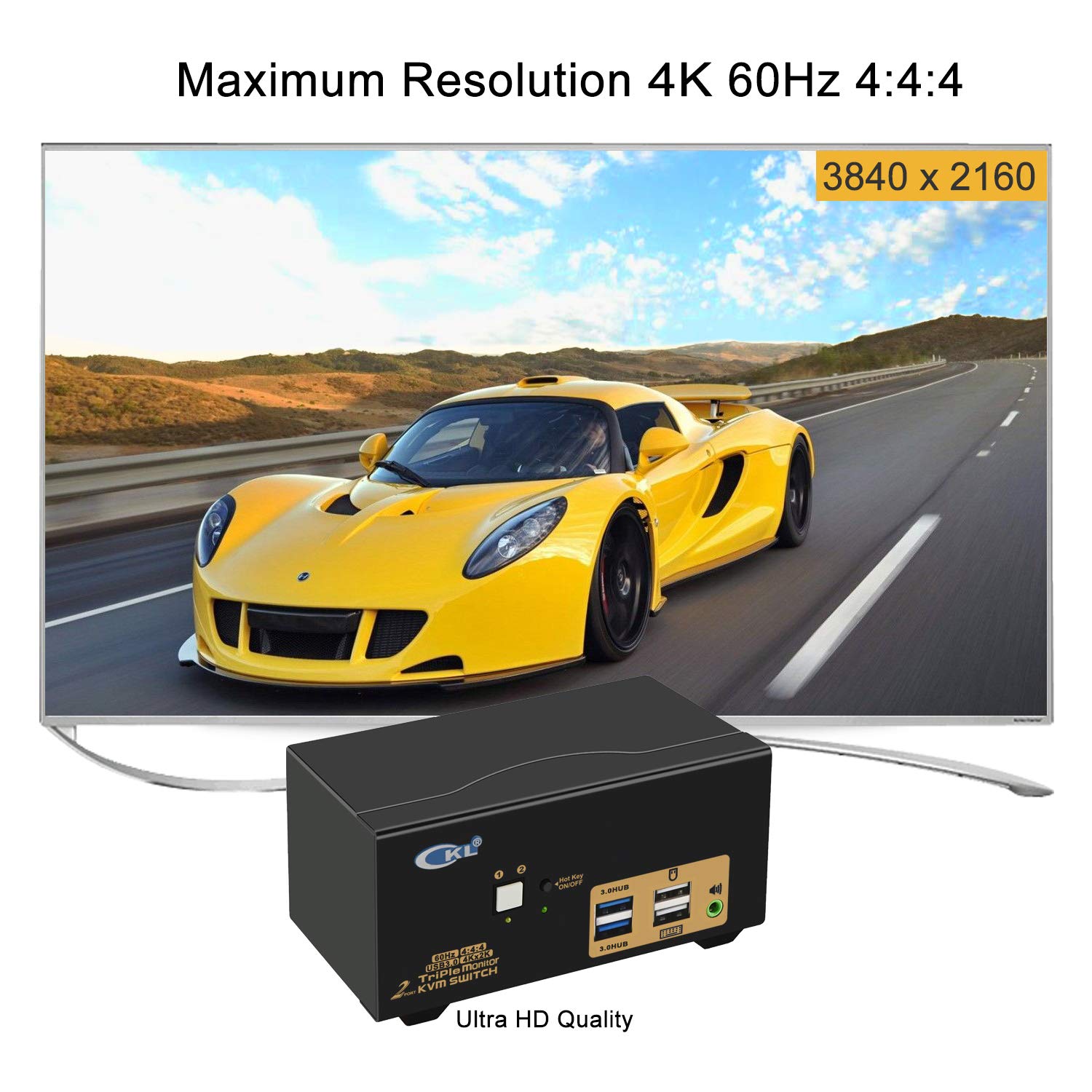 4K 60Hz USB 3.0 HDMI KVM Switch - 2 Port Triple Monitor Extender with Audio & Cables (Model 923HUA-3) for Home Office, Gaming Setup & Multi-Device Workstations