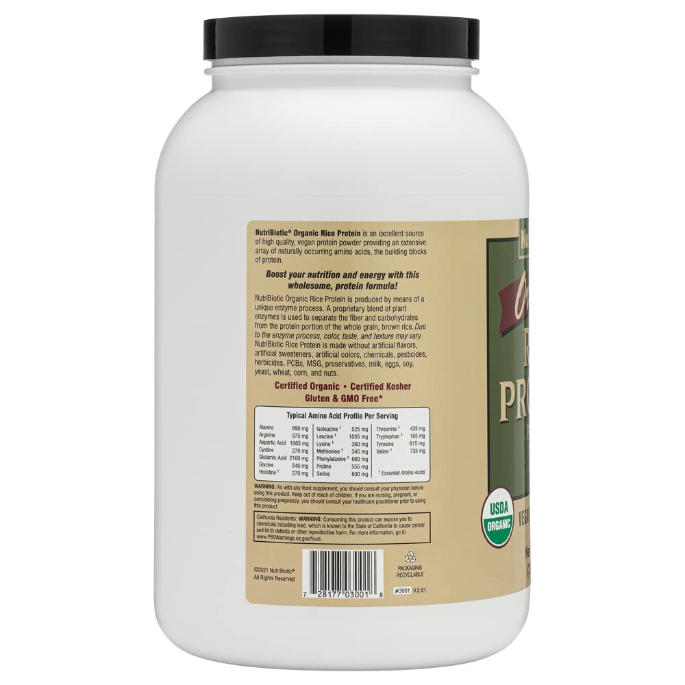 NutriBiotic Organic Rice Protein Powder - 3lb | Vegan, Keto & Kosher Certified | Low Carb, Gluten-Free, Non-GMO | Easy Digest Plant-Based Protein for Smoothies, Baking & Post-Workout Recovery