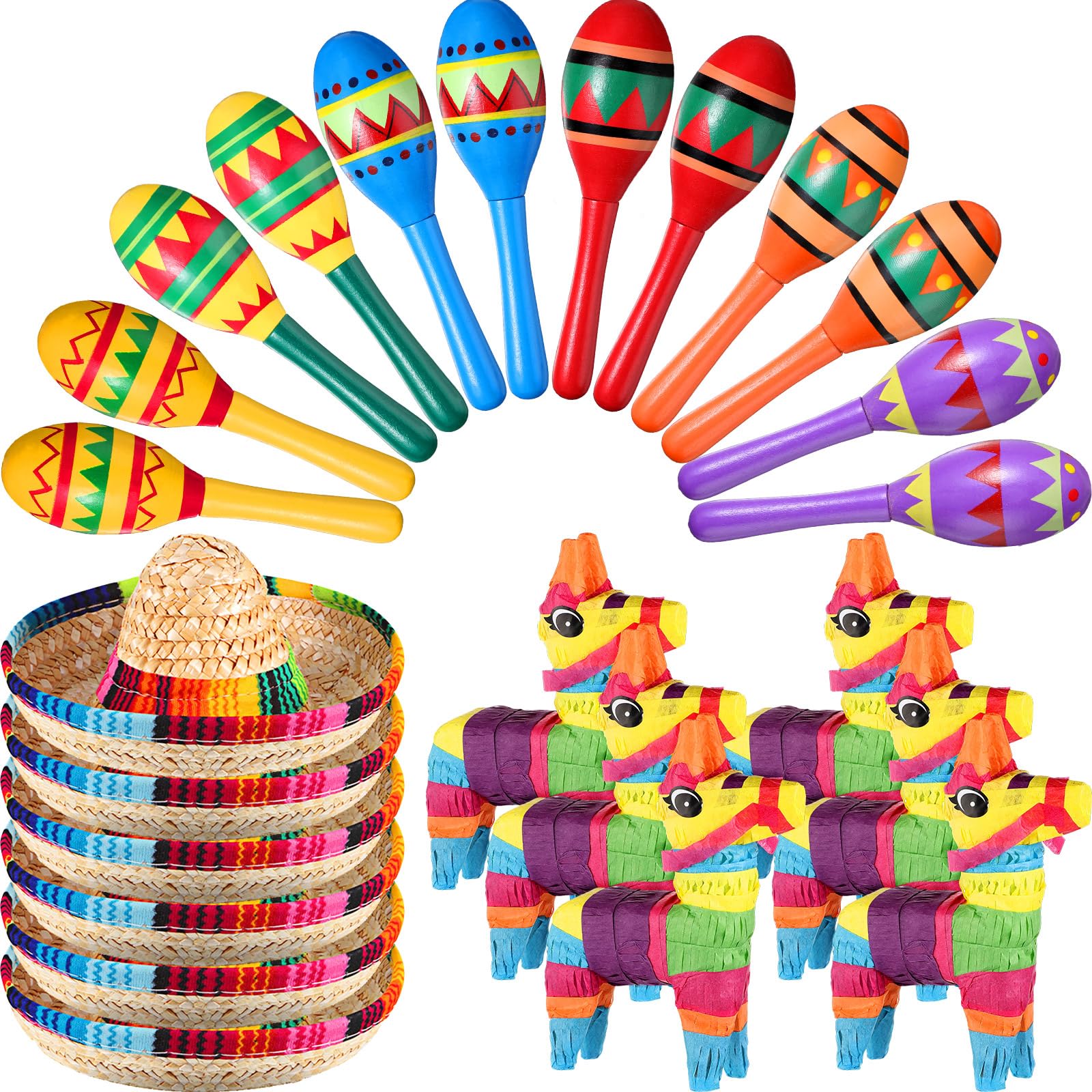 24 Pcs Mexican Fiesta Party Decorations Set - Mini Donkey Piñata, Wooden Maracas, Sombrero Hats for Cinco De Mayo, Birthday & Fiesta Supplies - Perfect for Kids Parties, Themed Events & Home Decor