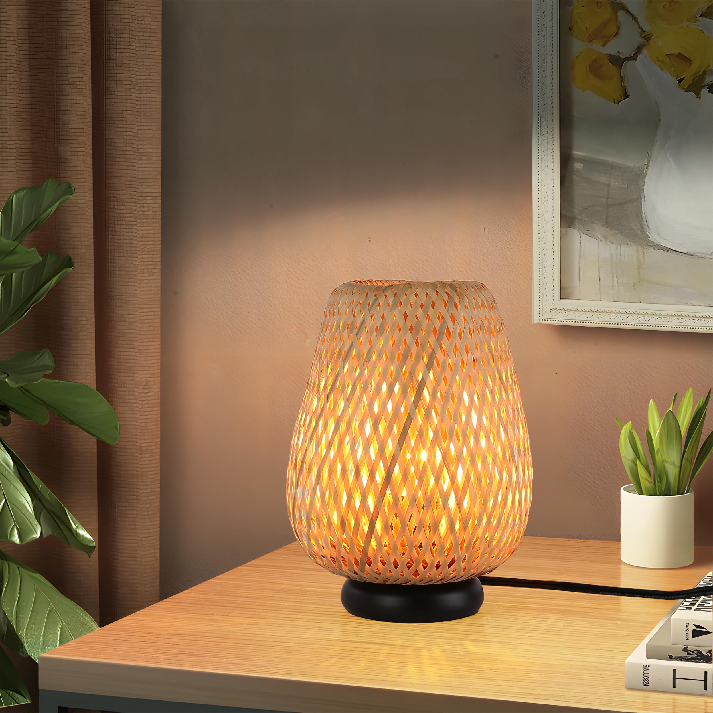 Boho Handmade Bamboo Rattan Table Lamp with Woven Cylinder Shade & Metal Base - Industrial Wicker Desk Light for Living Room, Bedroom, Farmhouse - Perfect for Cozy Home Decor & Reading Nook Ambiance