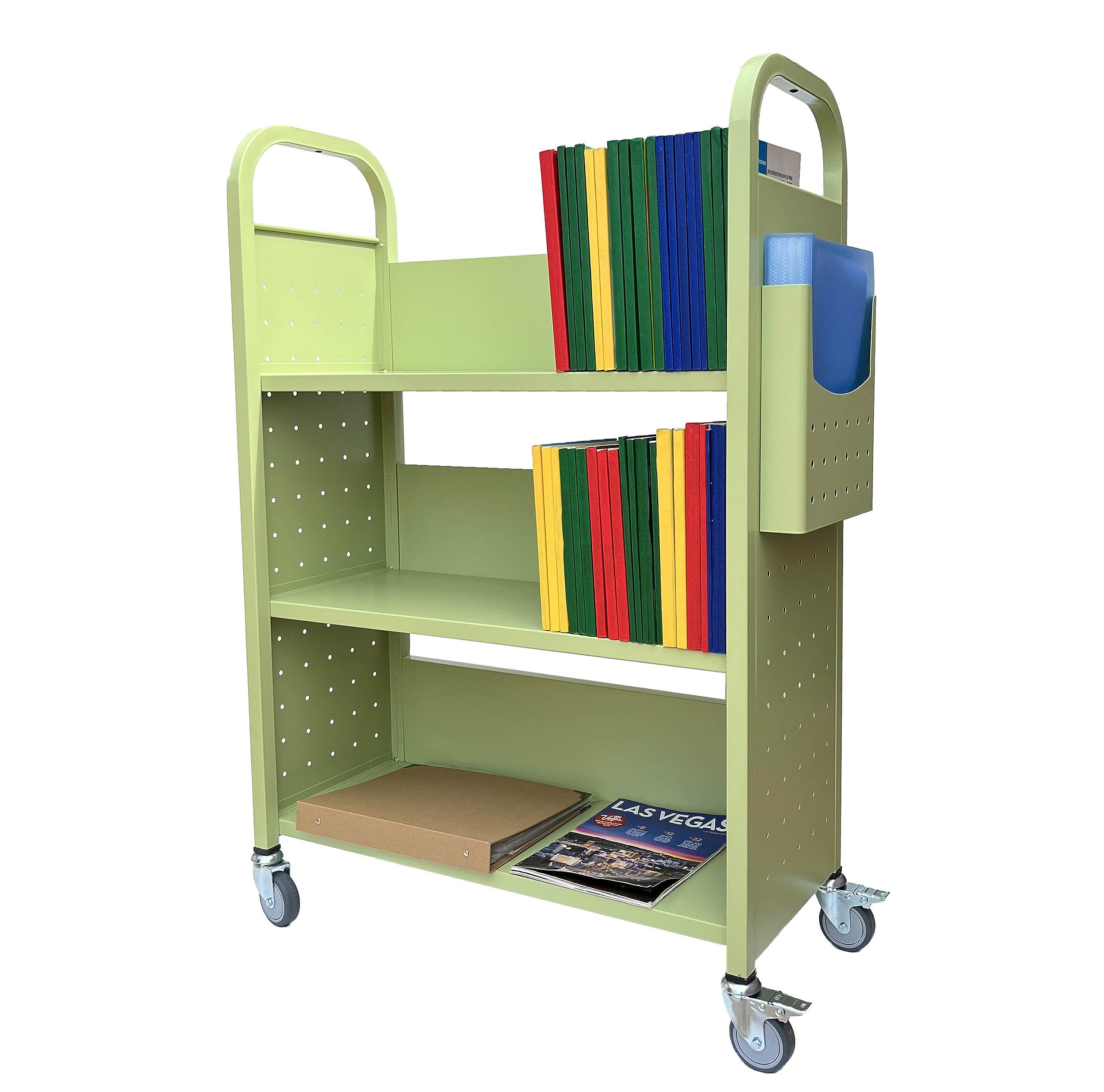Rolling Book Truck Cart with 3 Flat Shelves - Heavy Duty Library Book Cart with Swivel Lockable Casters 3001 Apple Green - Perfect for Classroom, Library & Office Organization