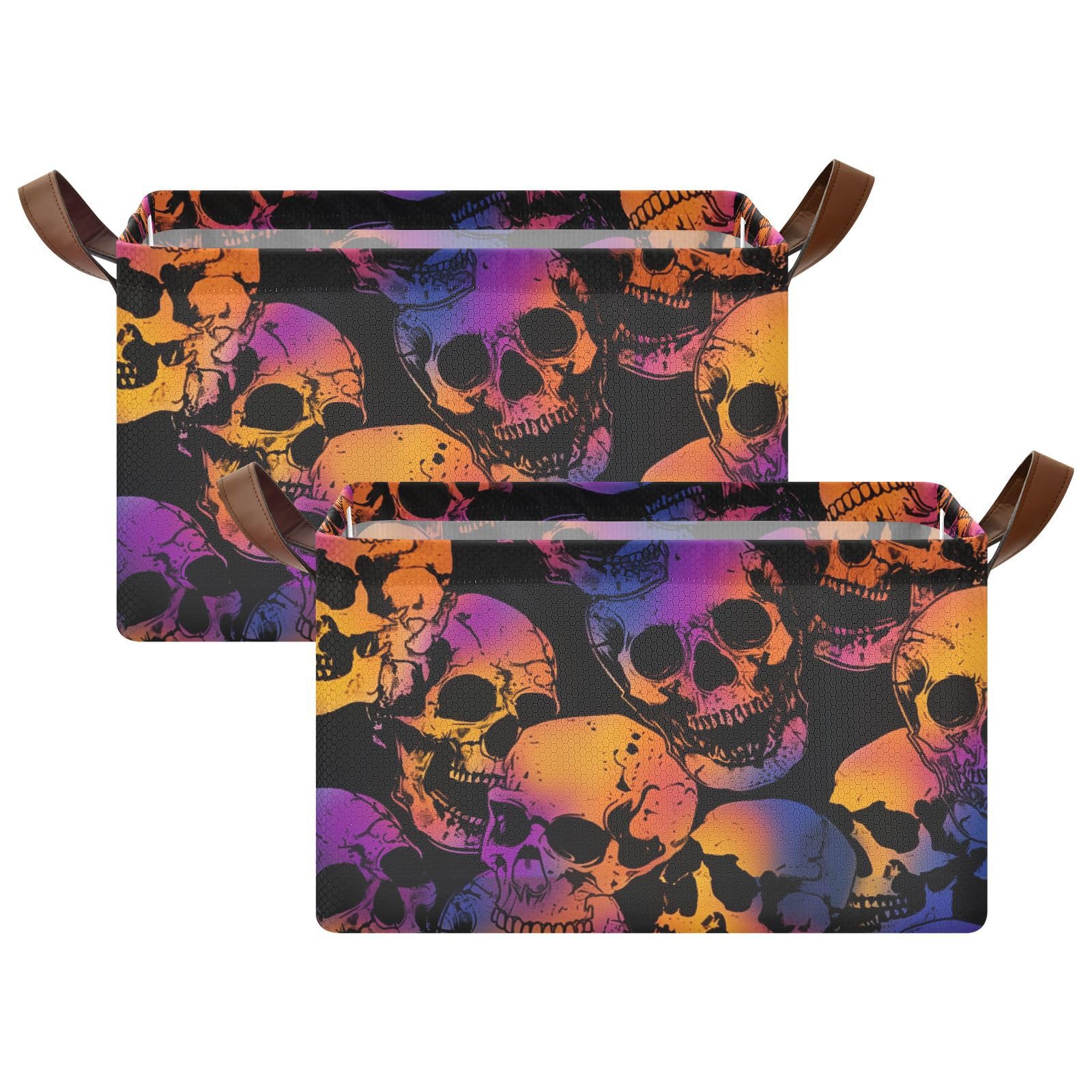 Emelivor Foldable Storage Bins with Handles - Orange & Purple Skull Pattern Storage Baskets for Shelves, Closet, Nursery & Home Organization | Decorative Rectangular Storage Cubes for Toys, Books & Clothes