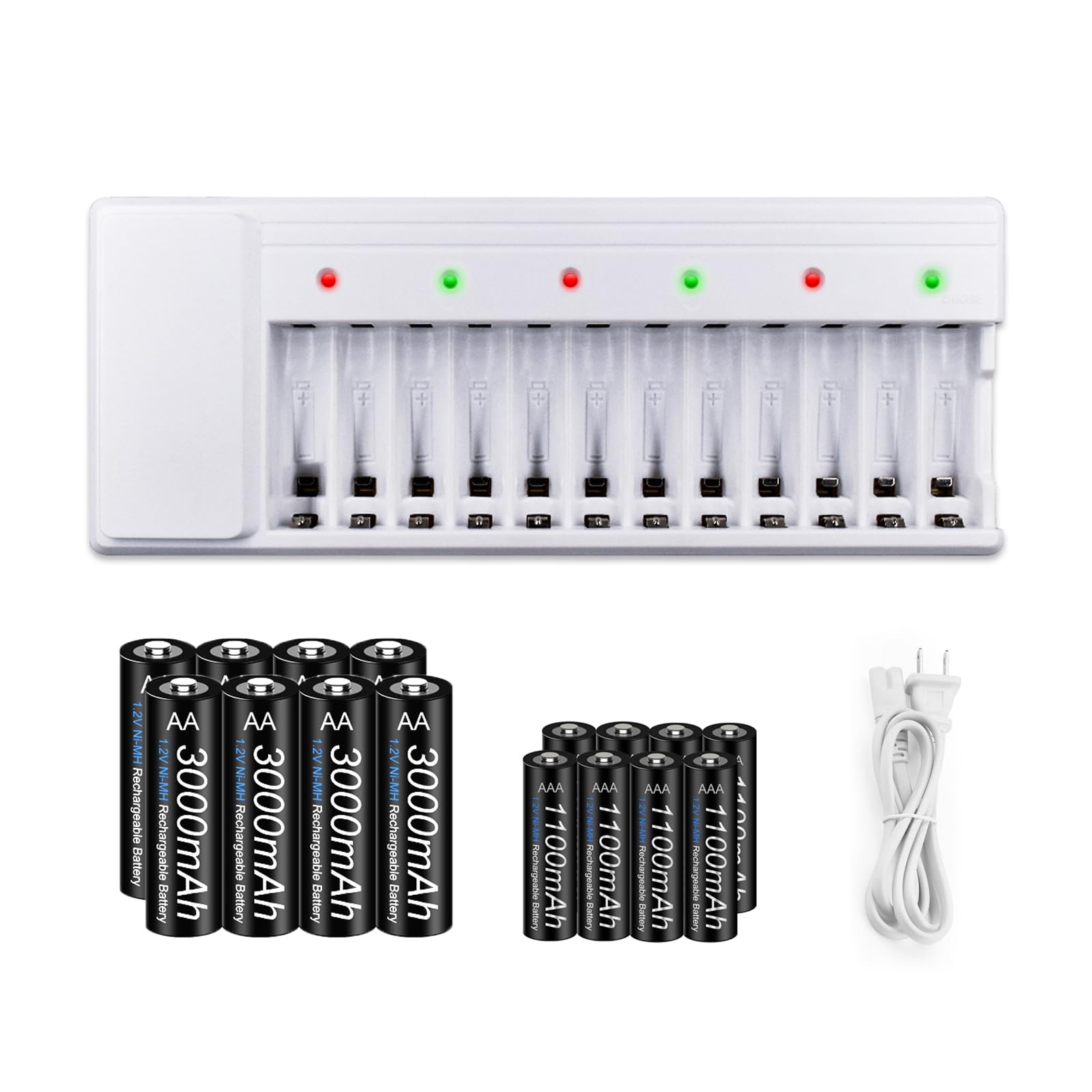 Rechargeable AA AAA Battery Combo Pack with Smart Charger - 8 AA & 8 AAA 1.2V NiMH Batteries, 8-Slot LED Charger for Home, Office, and Electronic Devices