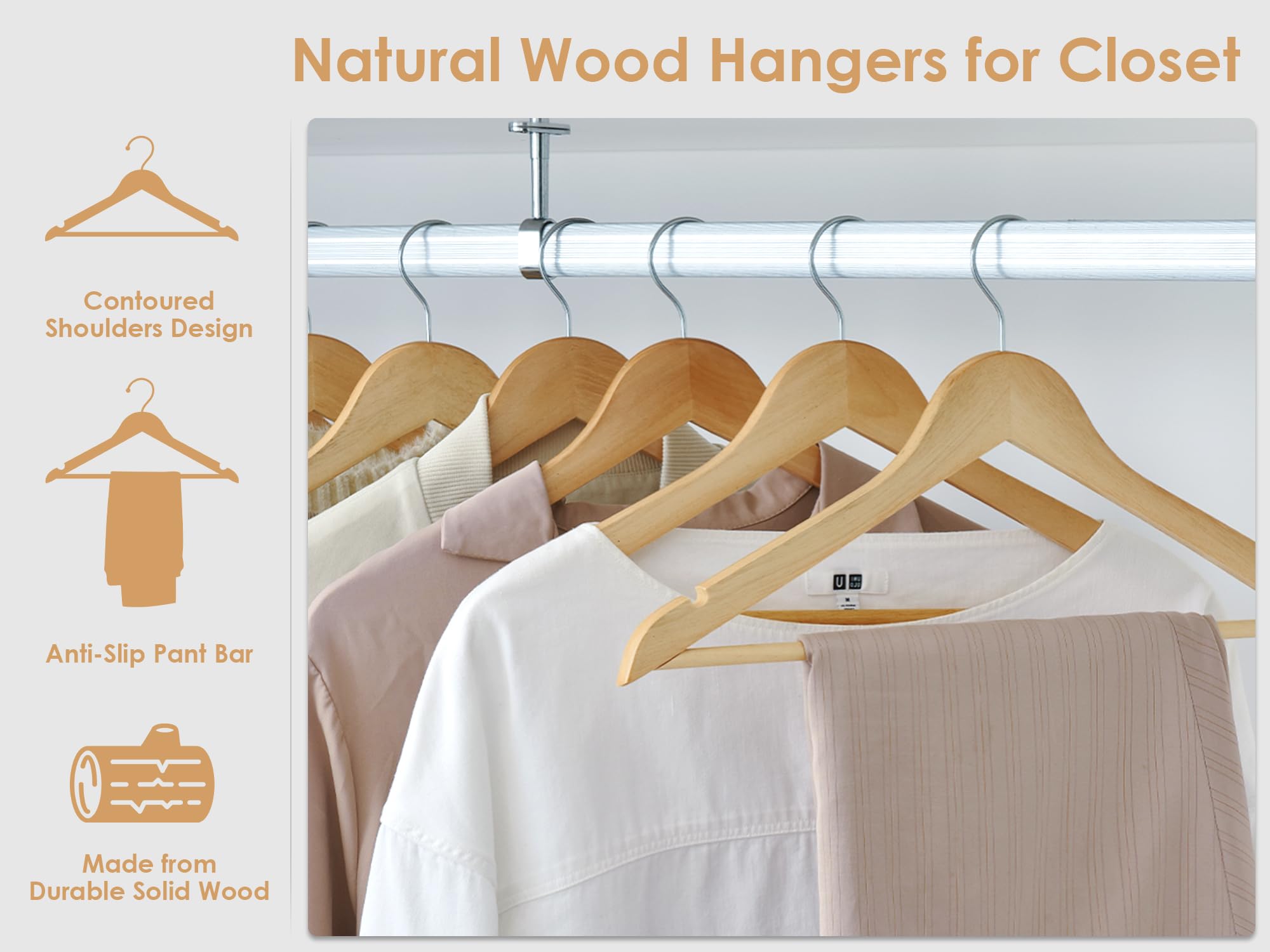 Premium Wooden Clothes Hangers 20-Pack - Natural Finish Coat Hangers for Shirts, Jackets, Pants & Suits - Space-Saving Closet Organizer for Home & Retail Use