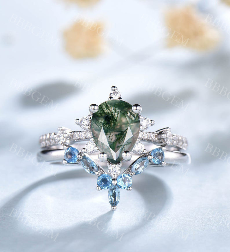 0.8CT Teardrop Moss Agate Engagement Ring with Blue Topaz Stacking Band - Elegant Wedding, Promise & Anniversary Jewelry Gift for Her - Perfect for Proposals, Bridal Sets & Everyday Wear
