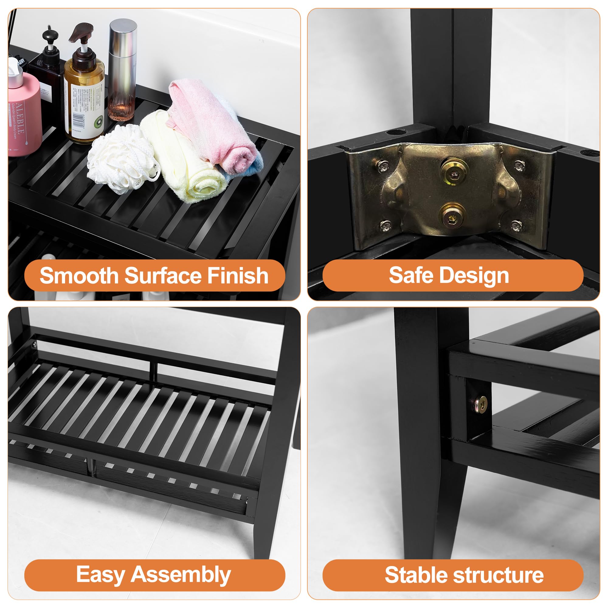 Premium Bamboo Shower Bench with Storage Shelf - Non-Slip Bath Stool Seat for Elderly & Shaving - Waterproof Shower Chair for Bathroom Safety & Spa Relaxation - Perfect for Small Spaces & Handicap Accessibility (Black)
