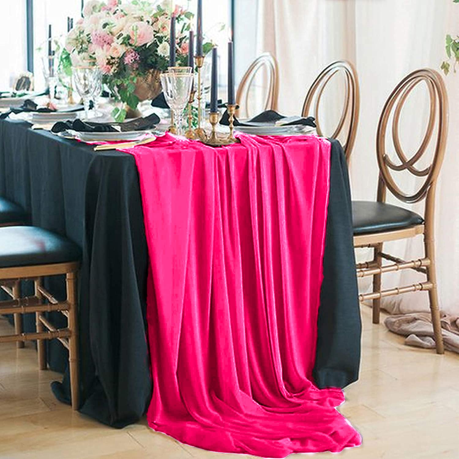 AMZLOKAE Fuchsia Chiffon Table Runner Set of 2 - Elegant Sheer Wedding Tablecloth for Rustic Dining Room, Party Decor, Picnic & Home Celebration (Hot Pink, 108x14 Inch) | Perfect for Weddings, Anniversaries, Baby Showers & Outdoor Events