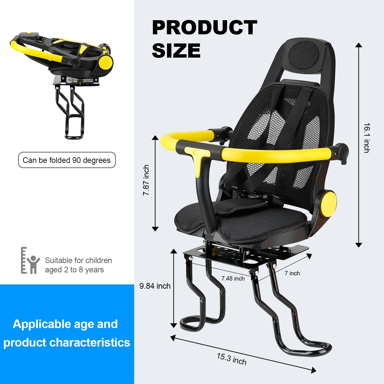 2025 New Adjustable & Foldable Rear Child Bike Seat - Rotatable Thick Backrest for Most Bicycles | Safe & Comfortable Kids Bike Carrier for Commuting, Family Rides & Outdoor Adventures (Black)