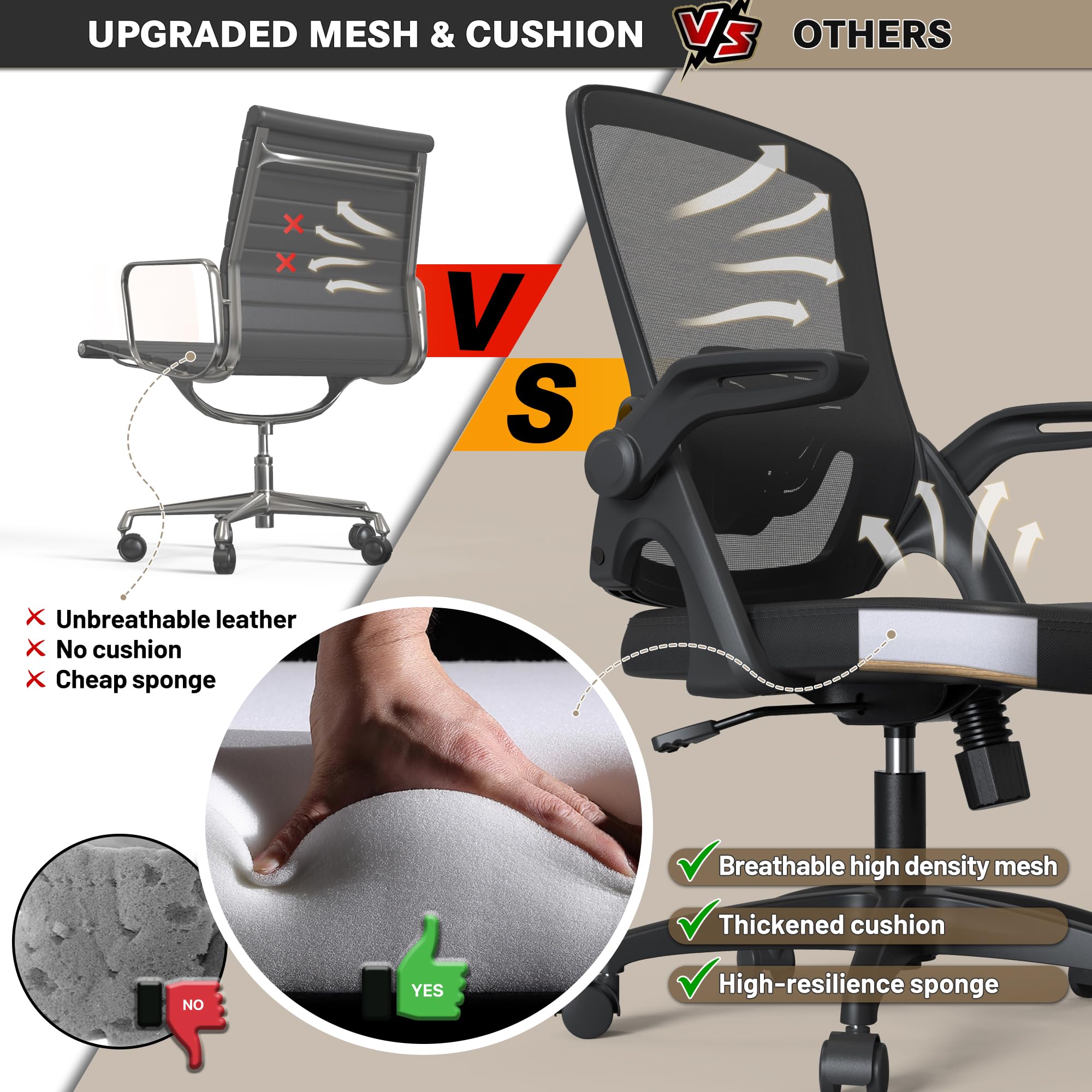 Ergonomic Mesh Office Chair with Adjustable Lumbar Support - Swivel Computer Desk Chair with Flip-Up Arms & Wheels - Comfortable Black Modern Chair for Home & Office Workspaces (Perfect for Long Hours of Work, Gaming, or Studying)