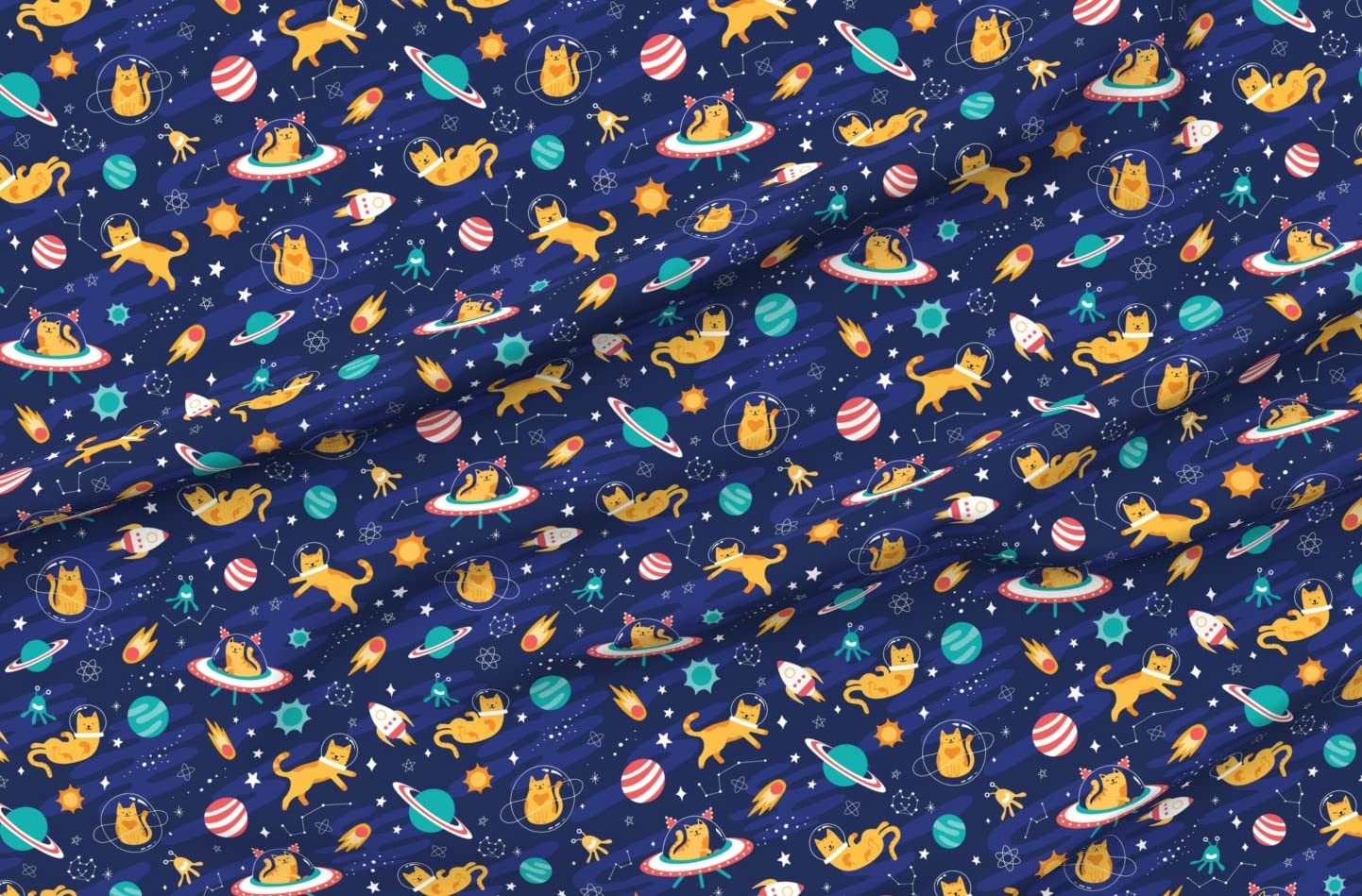 Space Cats Planets Cosmos Constellations Stars Printed Denim Fabric - Fat Quarter for DIY Apparel, Home Decor & Upholstery - Perfect for Quilting, Dressmaking and Craft Projects