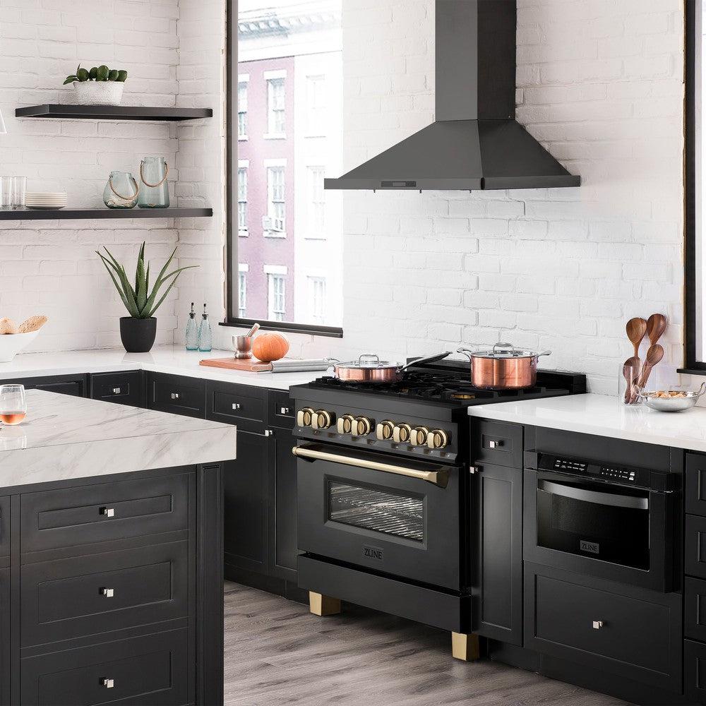ZLINE RABZ 36 G 36-Inch Dual Fuel Range - 4.6 cu. ft. Black Stainless Steel with Gold Accents - 6 Burner Gas Cooktop & Electric Convection Oven - Professional Kitchen Appliance for Home Chefs & Cooking Enthusiasts