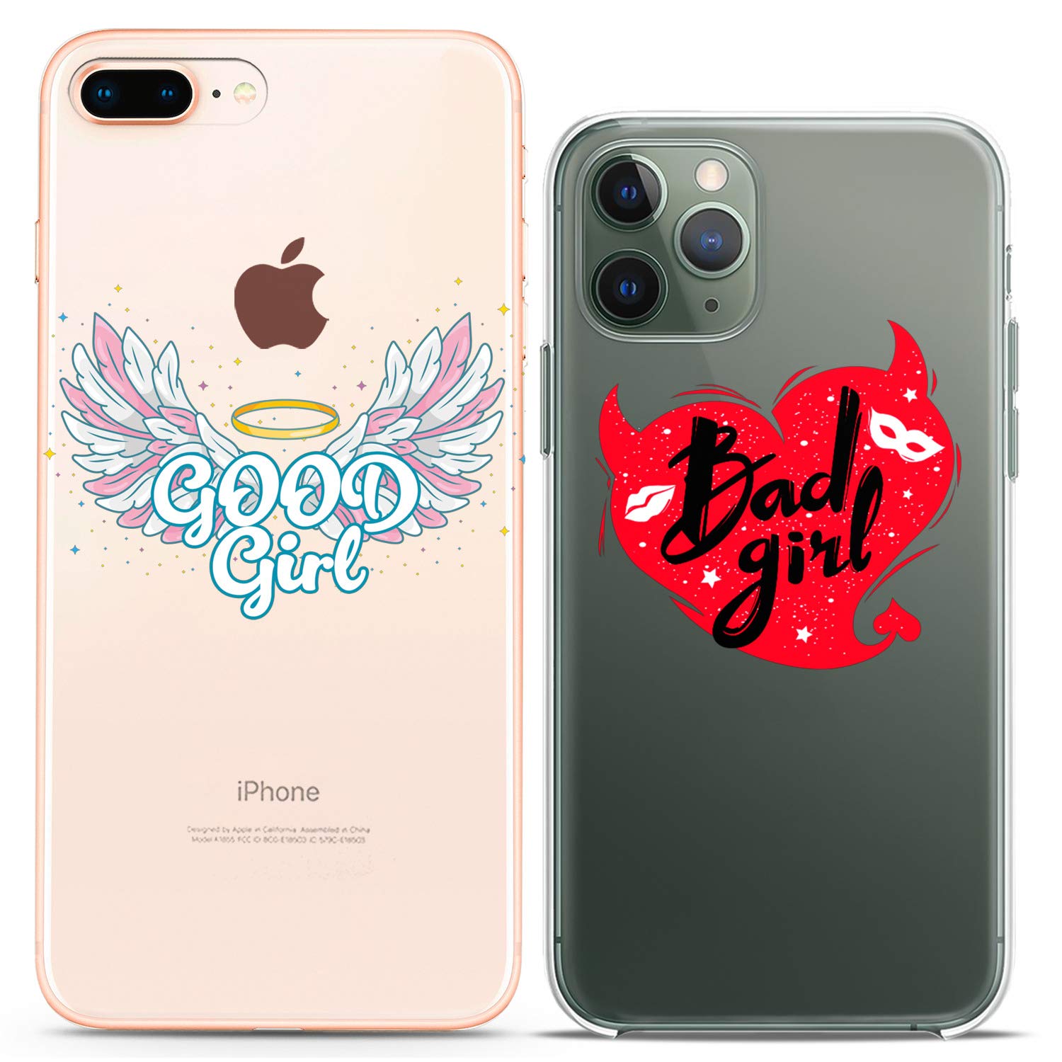 Matching Couple Phone Cases Compatible with iPhone 16/15/14/13/12/11 Pro Max/Mini/XS/X/6s/8 Plus/7+/XR/10/SE/5 - Cute BFF Silicone Covers with Angel & Devil, Good & Bad Girl Designs - Perfect Gift for Couples, Best Friends & Women (Ideal for Valentine's Day, Anniversaries & Friendship Gifts)