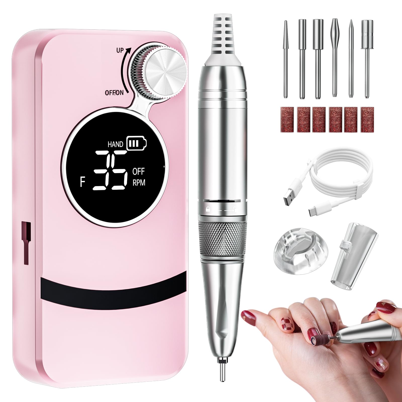 Professional 35000RPM Rechargeable Electric Nail Drill Machine - Portable Nail File for Acrylic & Gel Polish, Manicure Pedicure Buffer & Grinder Tool with Polishing Attachments (Pink) | Perfect for Home Nail Care & Salon Professionals