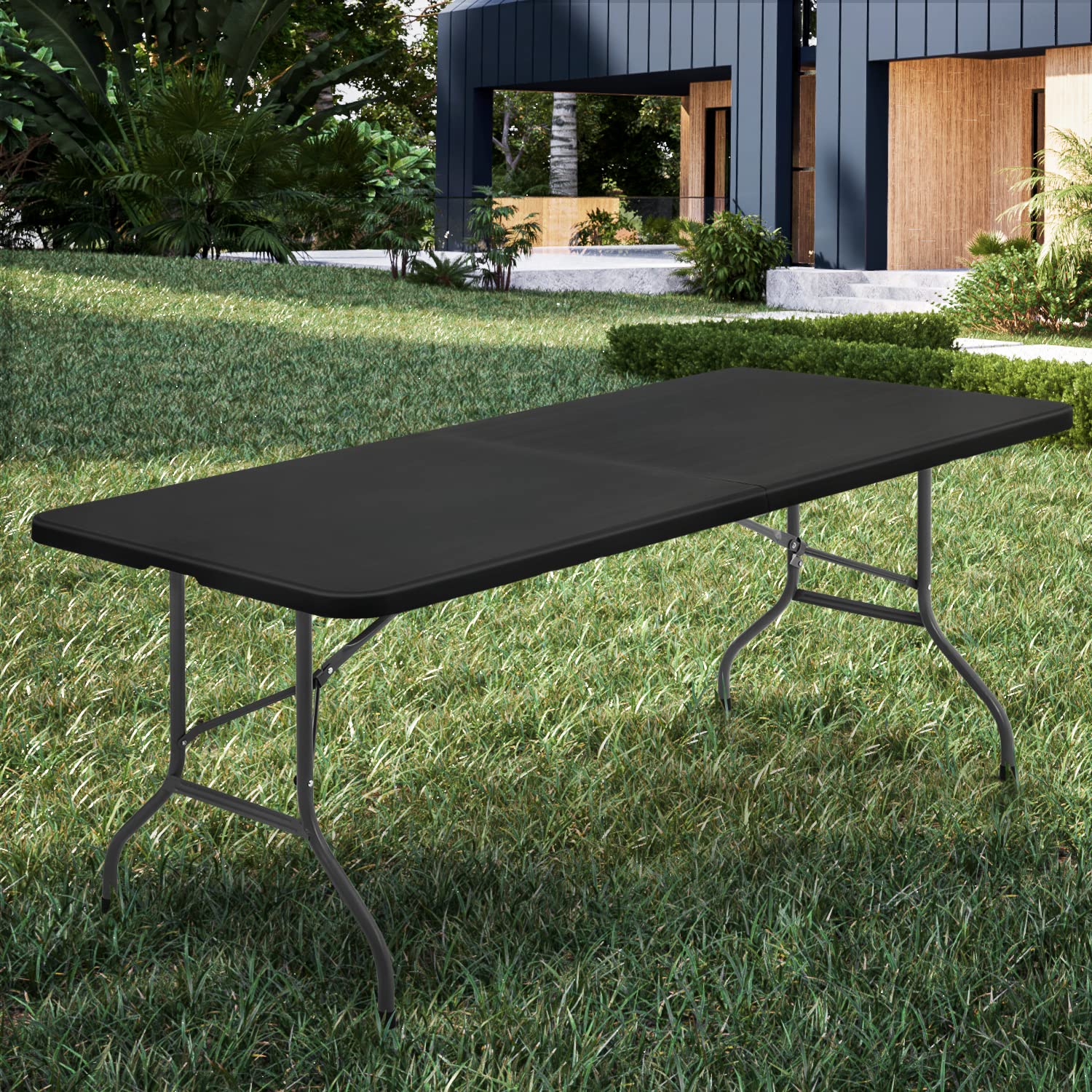 MoNiBloom 8Ft Folding Heavy Duty Utility Table - Indoor Outdoor Portable Plastic Table with Steel Legs & Handle for Wedding, Event, Picnic, Camping, BBQ - Black (Perfect for Parties, Tailgating & Home Use)