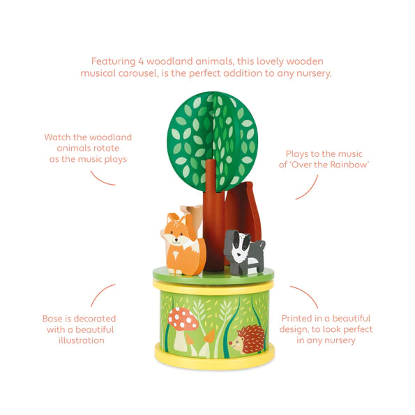 Woodland Musical Carousel - Handcrafted Wooden Music Box with Rotating Animals - Perfect for Nursery Decor, Baby Shower Gifts & Children's Bedroom