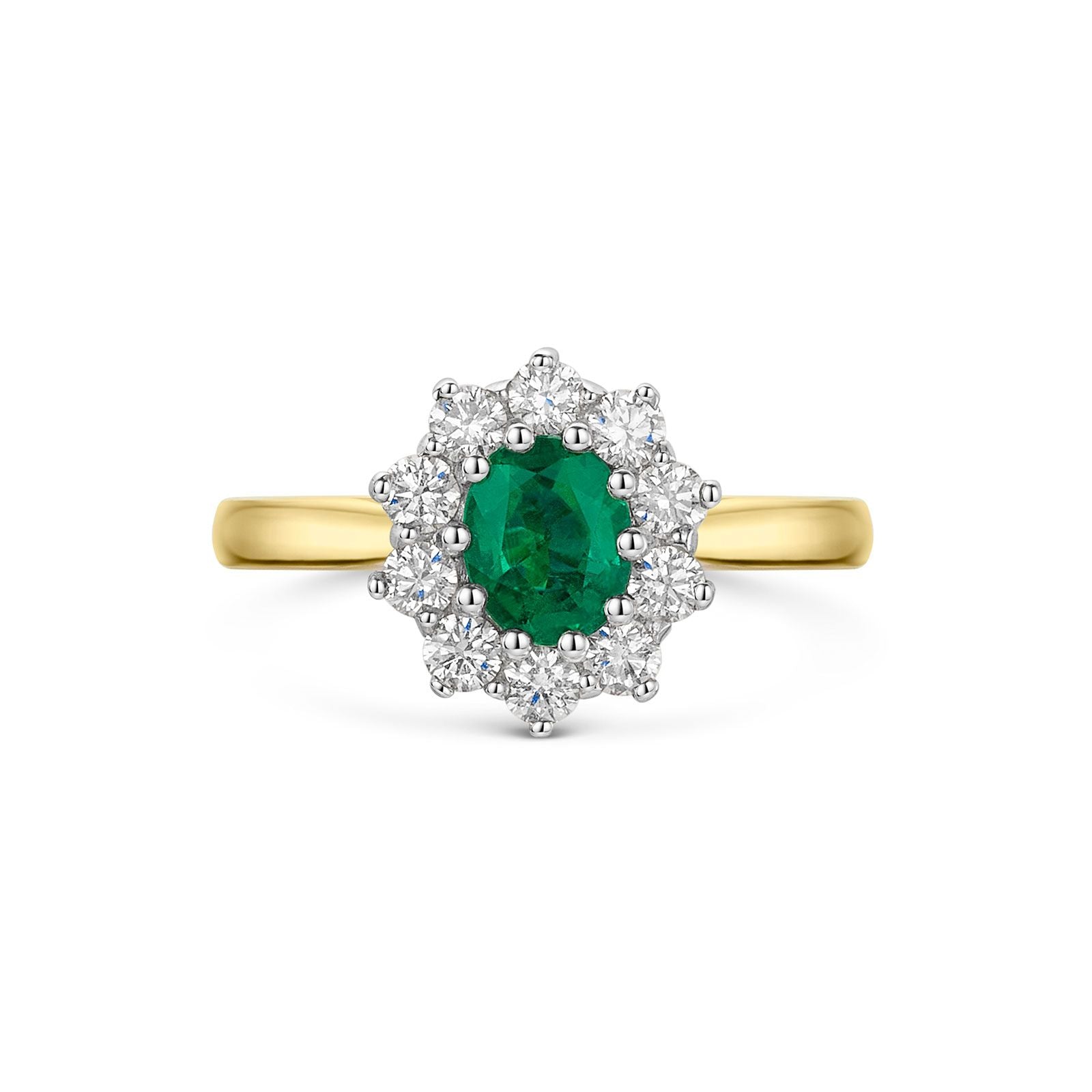 18ct Yellow & White Gold Oval Cut Emerald & Diamond Cluster Ring for Women - Elegant Vintage Style Jewelry for Engagement, Wedding & Special Occasions