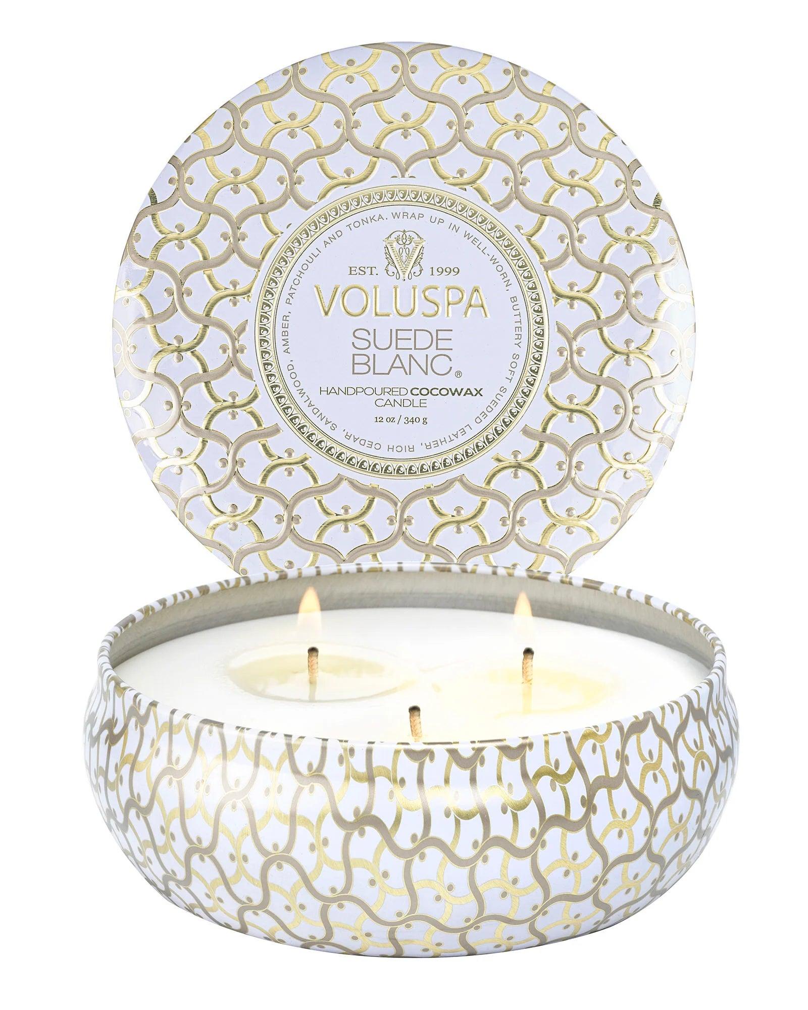 Luxury Suede Blanc 3-Wick Scented Candle in Decorative Tin - Perfect for Home Decor, Relaxation & Romantic Ambiance