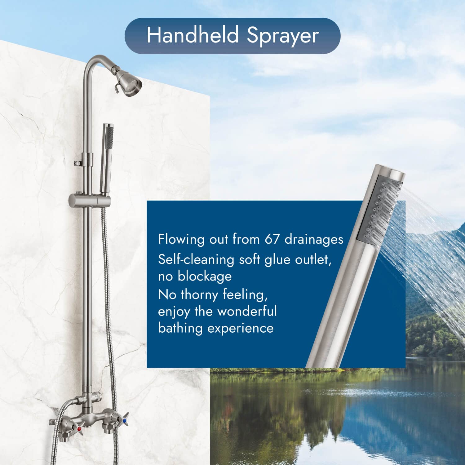 Brushed Nickel Wall Mounted Exposed Shower Fixtures with Handheld Shower Head - Outdoor Shower Kit with 2 Cross Handles & Adjustable Slide Bar - Dual Function Shower Faucet for Bathroom, Poolside, and Garden Use