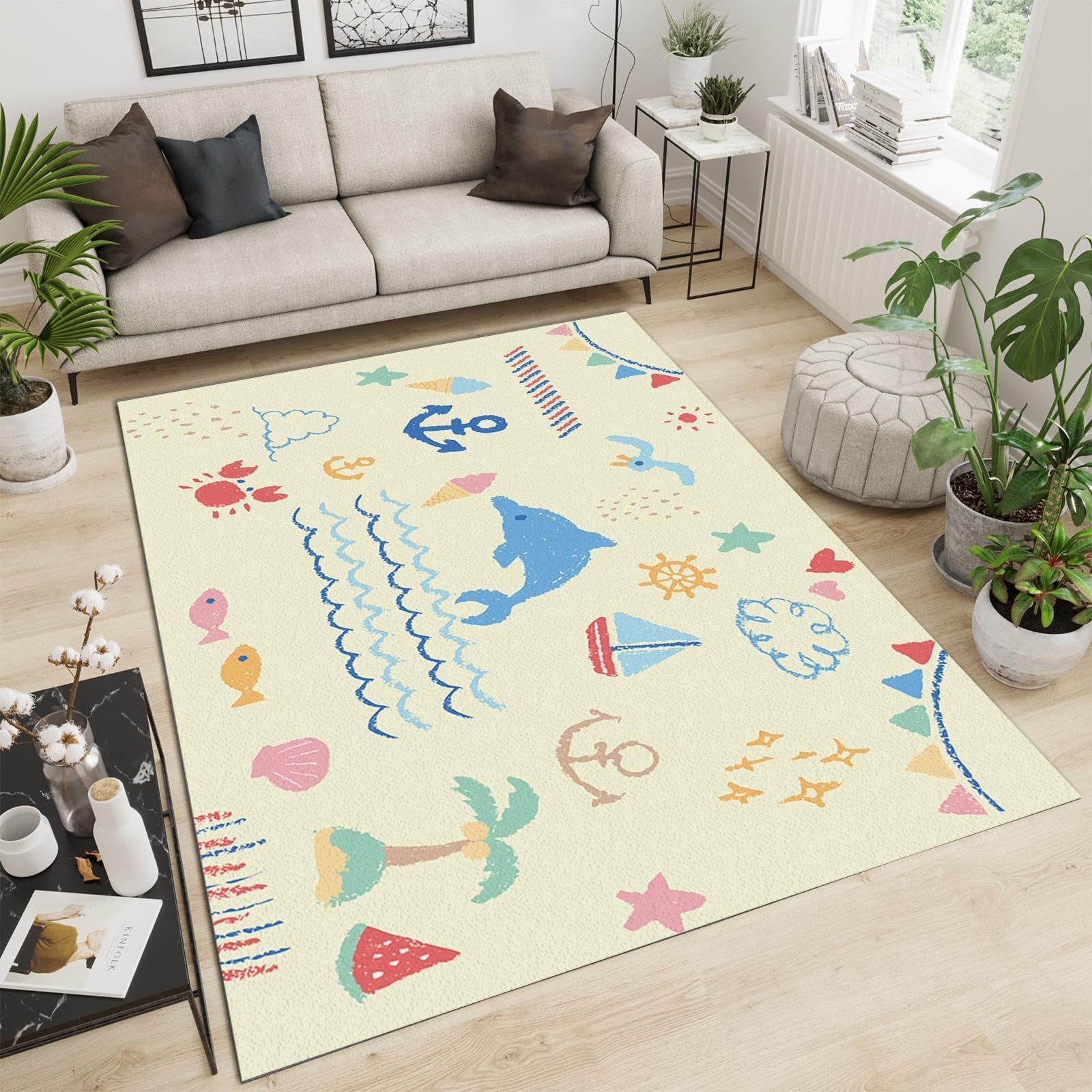 Handmade Cute Cartoon Whale Area Rug - Non-Slip Soft Machine Washable Nursery Carpet for Kids Room, Living Room & Bedroom Decor - 5x7ft - Perfect for Playtime, Storytime & Cozy Floor Activities